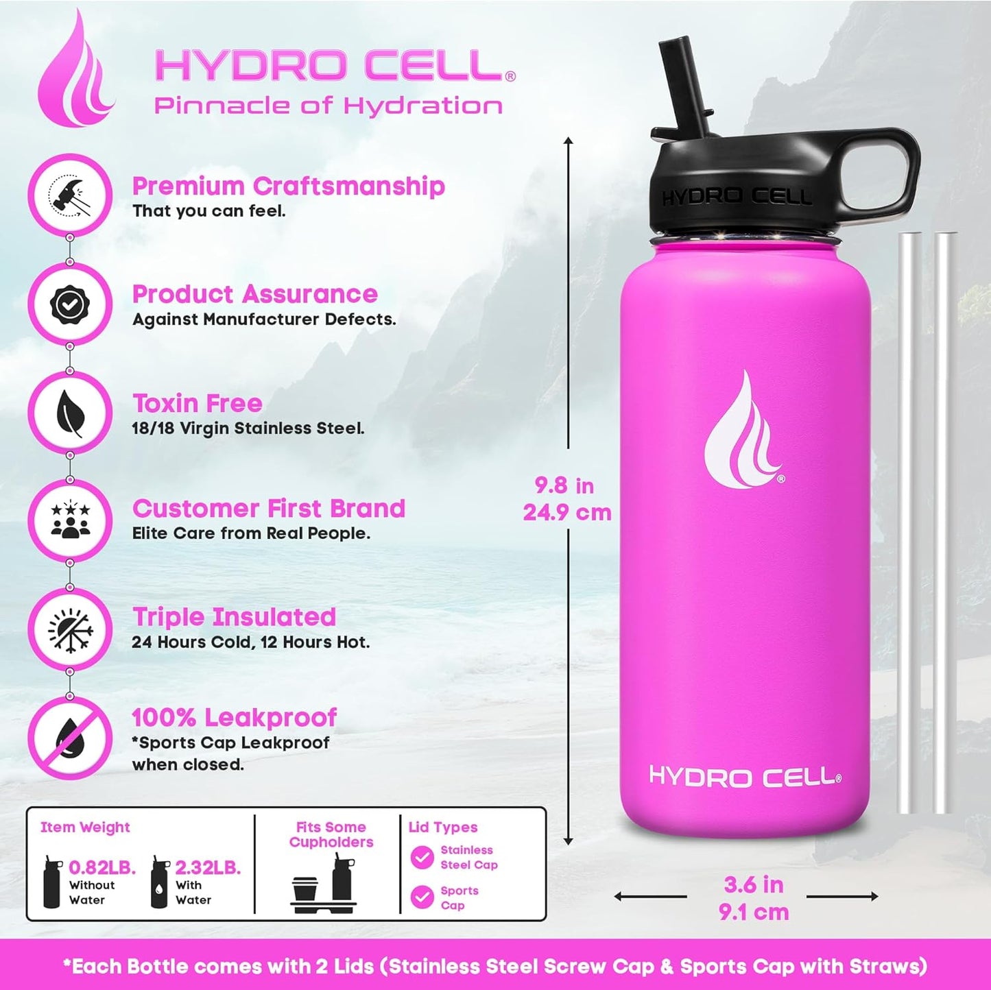 HYDRO CELL Stainless Steel Insulated Water Bottle with Straw - For Cold & Hot Drinks - Metal Vacuum Flask with Screw Cap and Modern Leakproof Sport Thermos for Adults (Fuchsia 32oz)