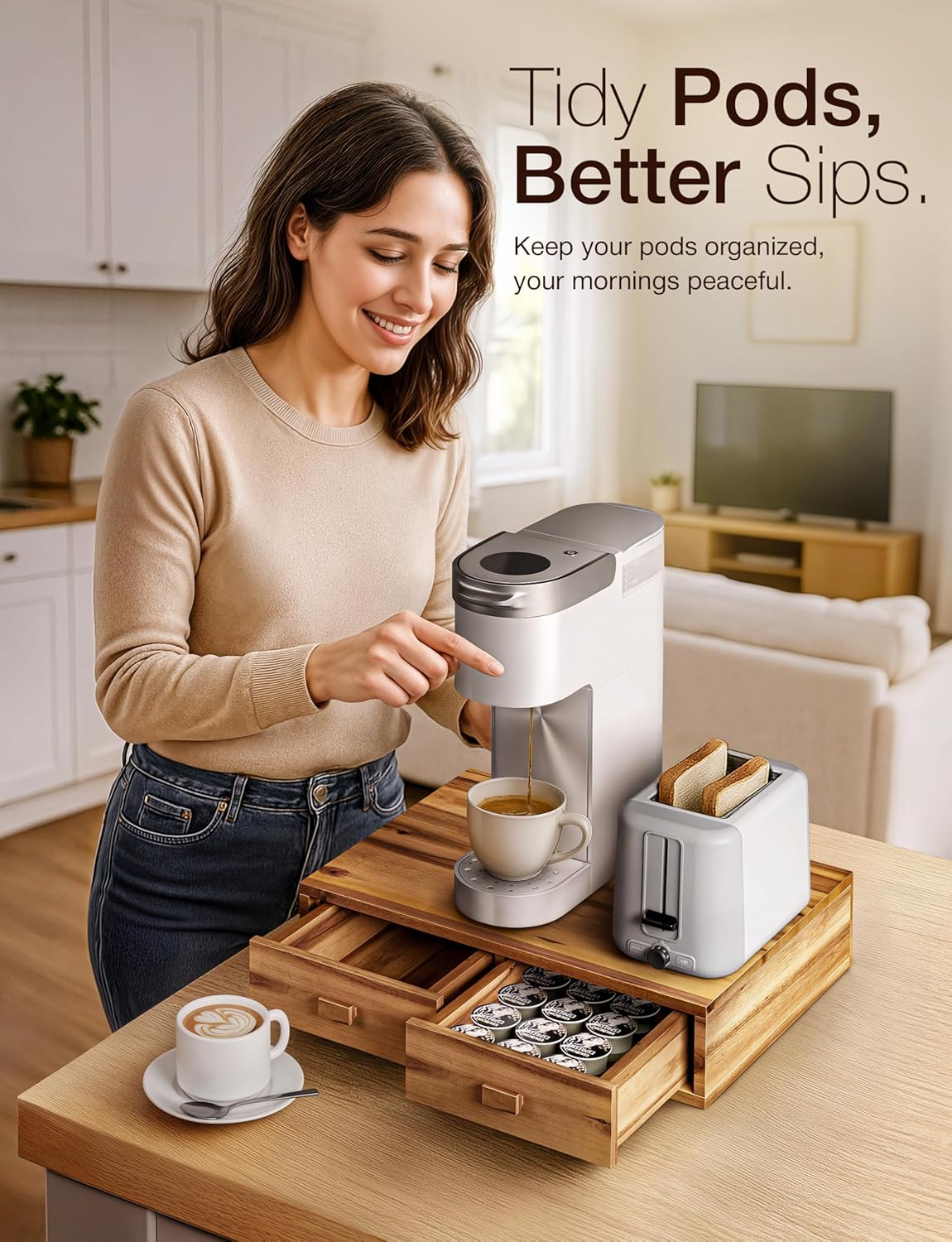 Tinamo Acacia Wood Coffee Pod Storage Box, Coffee Pods and Tea Organizer Holder, K Pod Drawer Coffee Maker Machine Stand, for K-Cup Drawer Organizer Under Brewer (Acacia, 2 drawer)