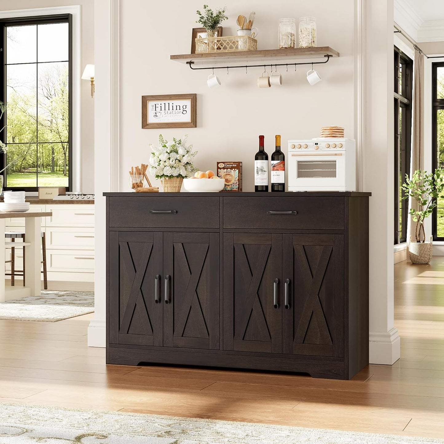 HOSTACK Buffet Cabinet with Storage, 47.2" Kitchen Sideboard Buffet with Drawers, Modern Farmhouse Coffee Bar Station with Shelves, Barn Doors Storage Cabinet for Living Room, Dark Brown