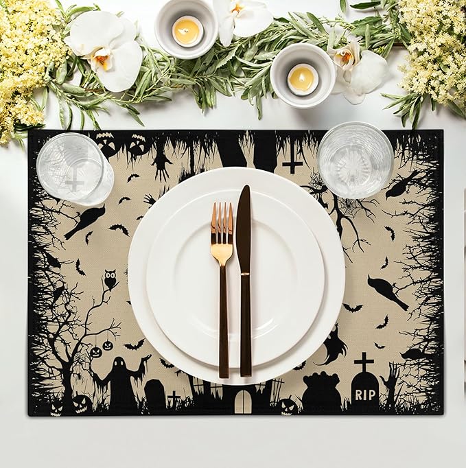 Halloween Placemats 12x18 Inch Set of 4 Black White Witch Castle Ghost Place Mats Spooky Haunted House Bats Tree Crow Table Mat for Party Kitchen Dining Outdoor Indoor Decor