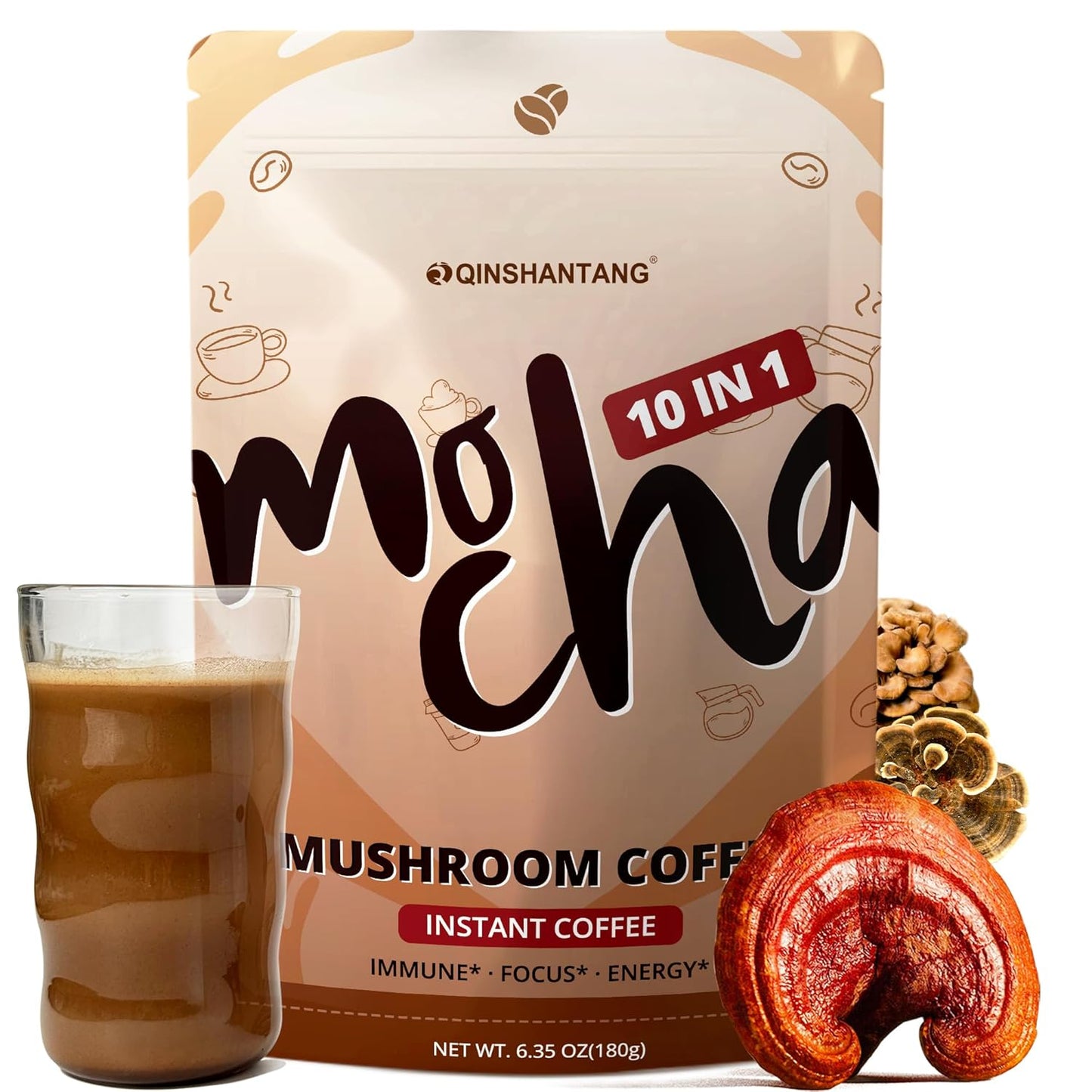 10 IN 1 Mushroom Mocha Coffee Blend, Sugar Free, Coconut, Cocoa Powder with Lion’s Mane, Chaga, Reishi, Cordyceps | Supports Focus, Immunity & Gut Health| Vegan, Gluten-Free, Non-GMO | 6.35Oz