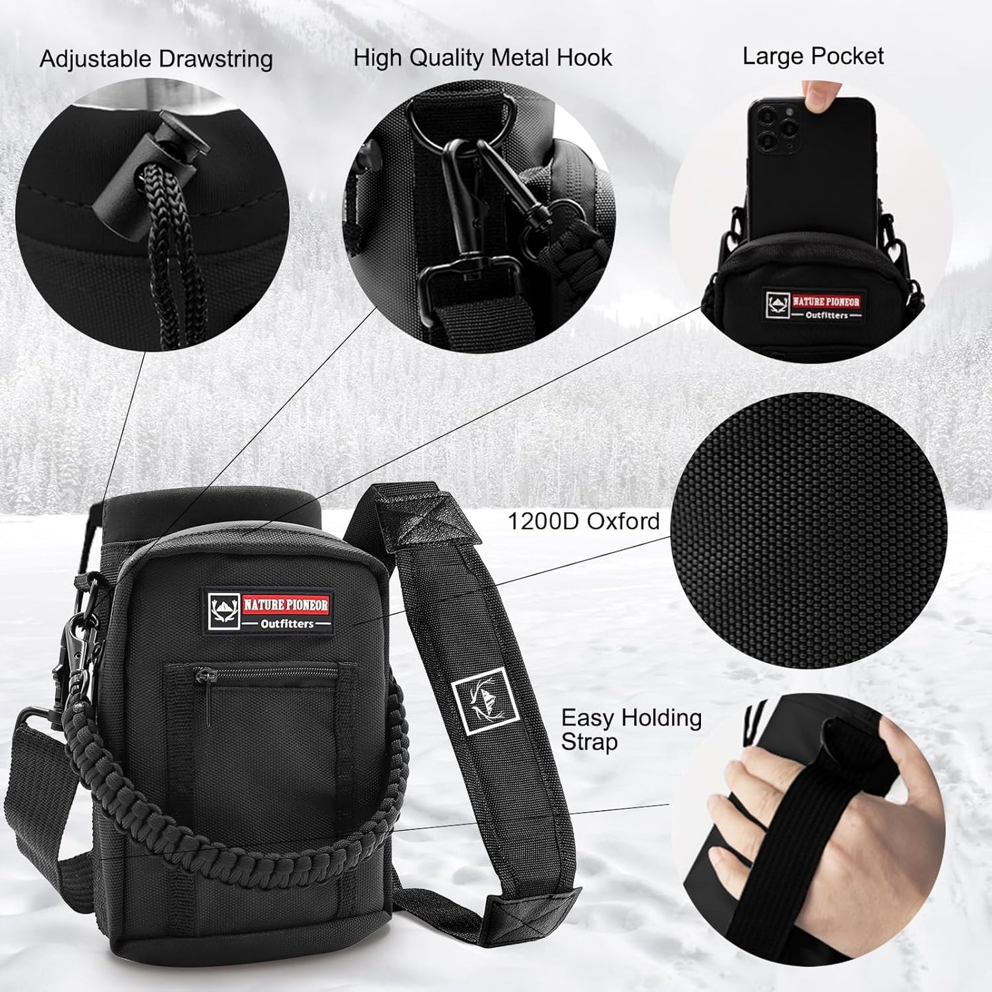 NATURE PIONEOR Insulated Water Bottles with Carrier Holder Sleeve - 32 ounce Stainless Steel Water Bottle with 3 Lids,straw,Keeps Hot and Cold