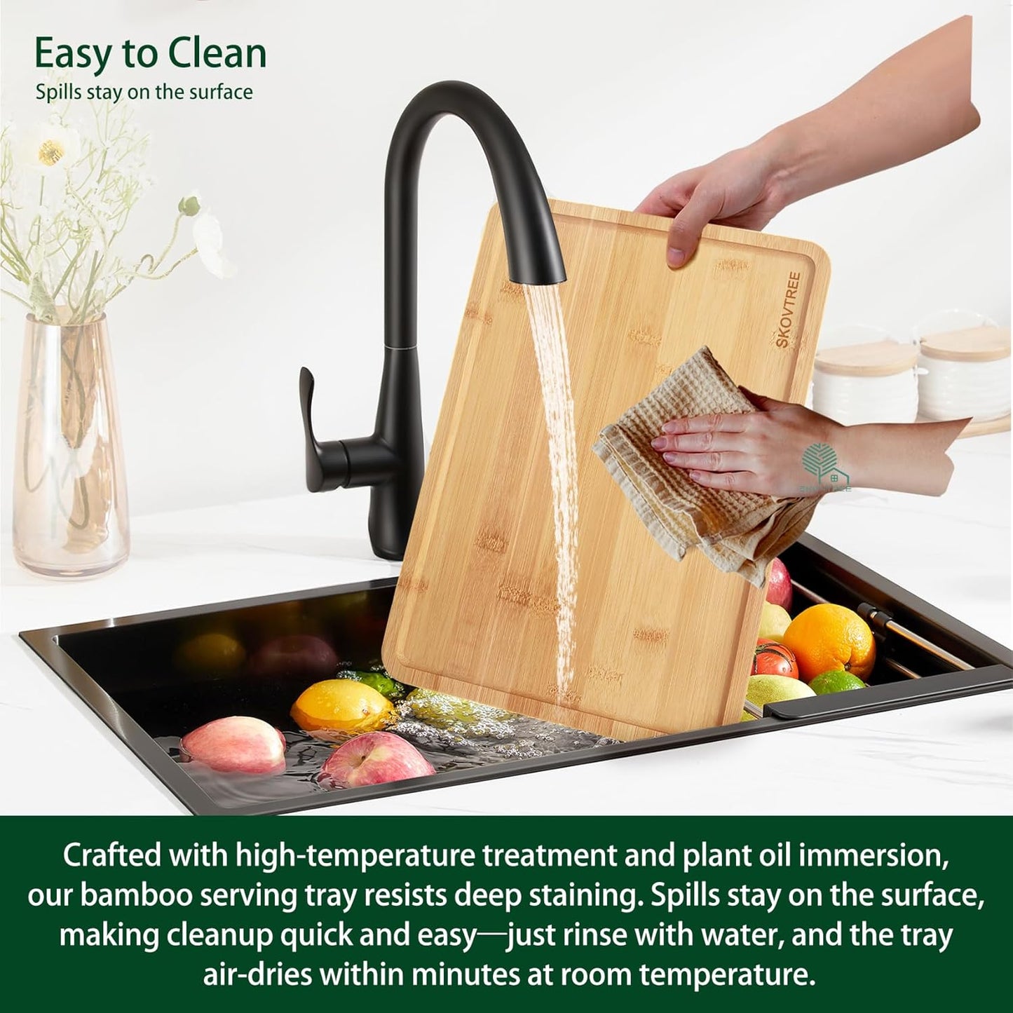 Bamboo Serving Tray, Food Tray for Eating and Serving Coffee, Tea, 15.8x11.8 Inch