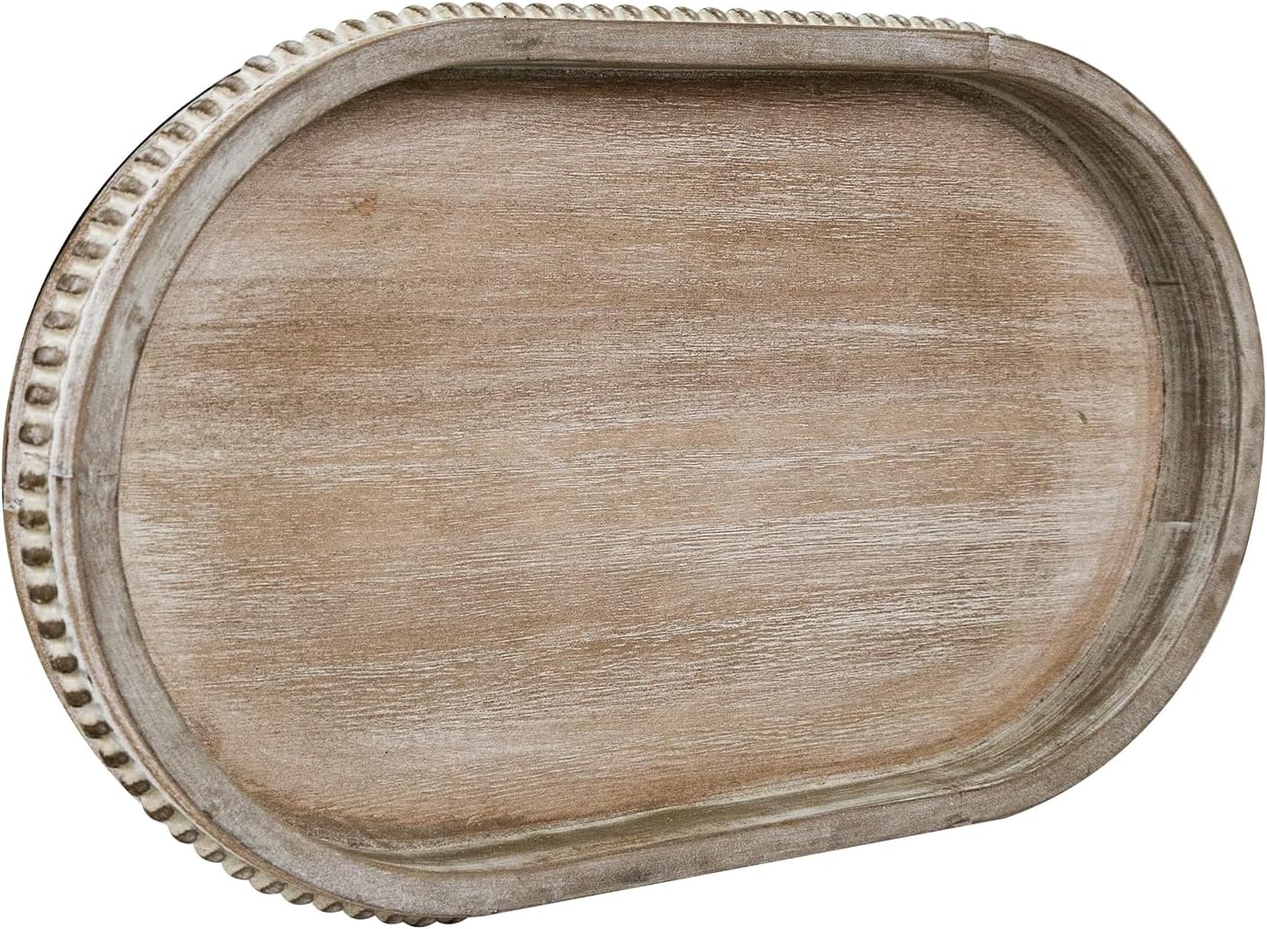 MAONAME Wood Serving Tray, Farmhouse Wooden Tray for Coffee Table, Oval Beaded Trays, Washed White Decorative Trays for Living Room, Kitchen, 15" X 9" X 1.2"