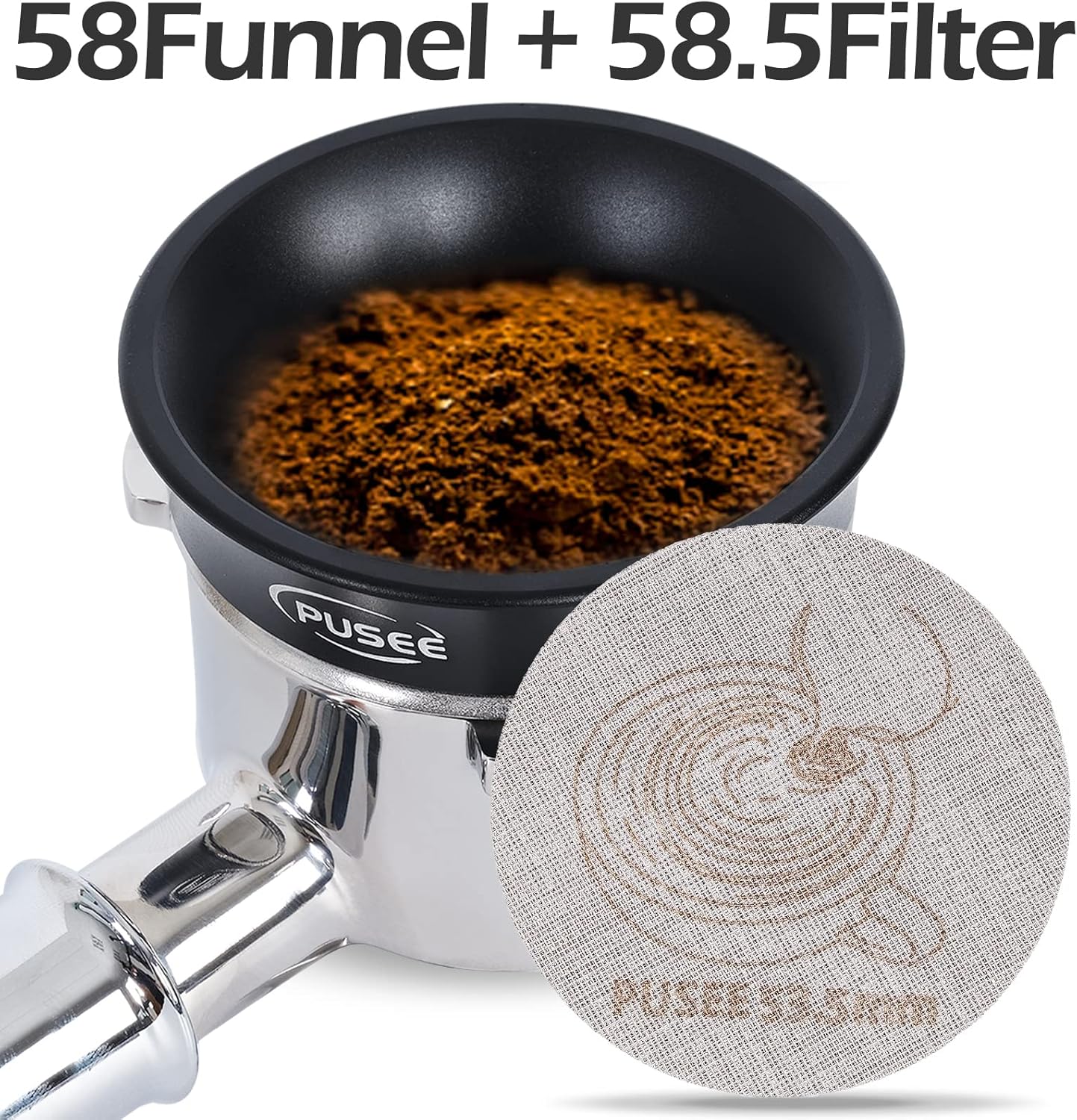 58mm Espresso Dosing Funnel & 58.5mm Puck Screen,PUSEE Coffee Dosing Ring Aluminum Metal,Reusable 1.7mm Thickness 150μm Espresso Puck Screen 316 Stainless Steel Fits 58mm Portafilter