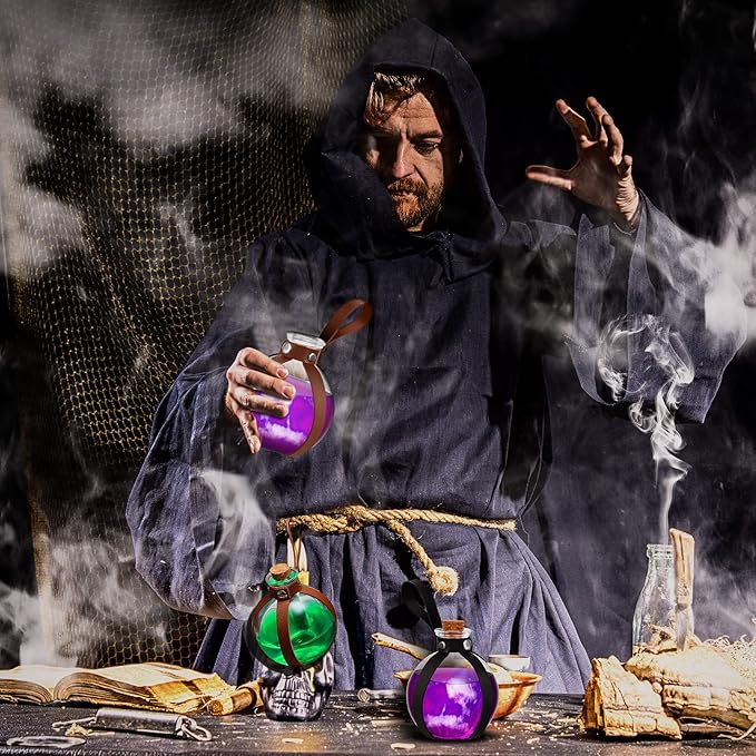 Patelai 6 Pcs Halloween Glass Potion Bottles with Belt Cork Renaissance Witch Costume Accessories Witch Props Potion Bottle for Halloween Party Decor Cosplay DIY Crafts Gift (Black,Brown)