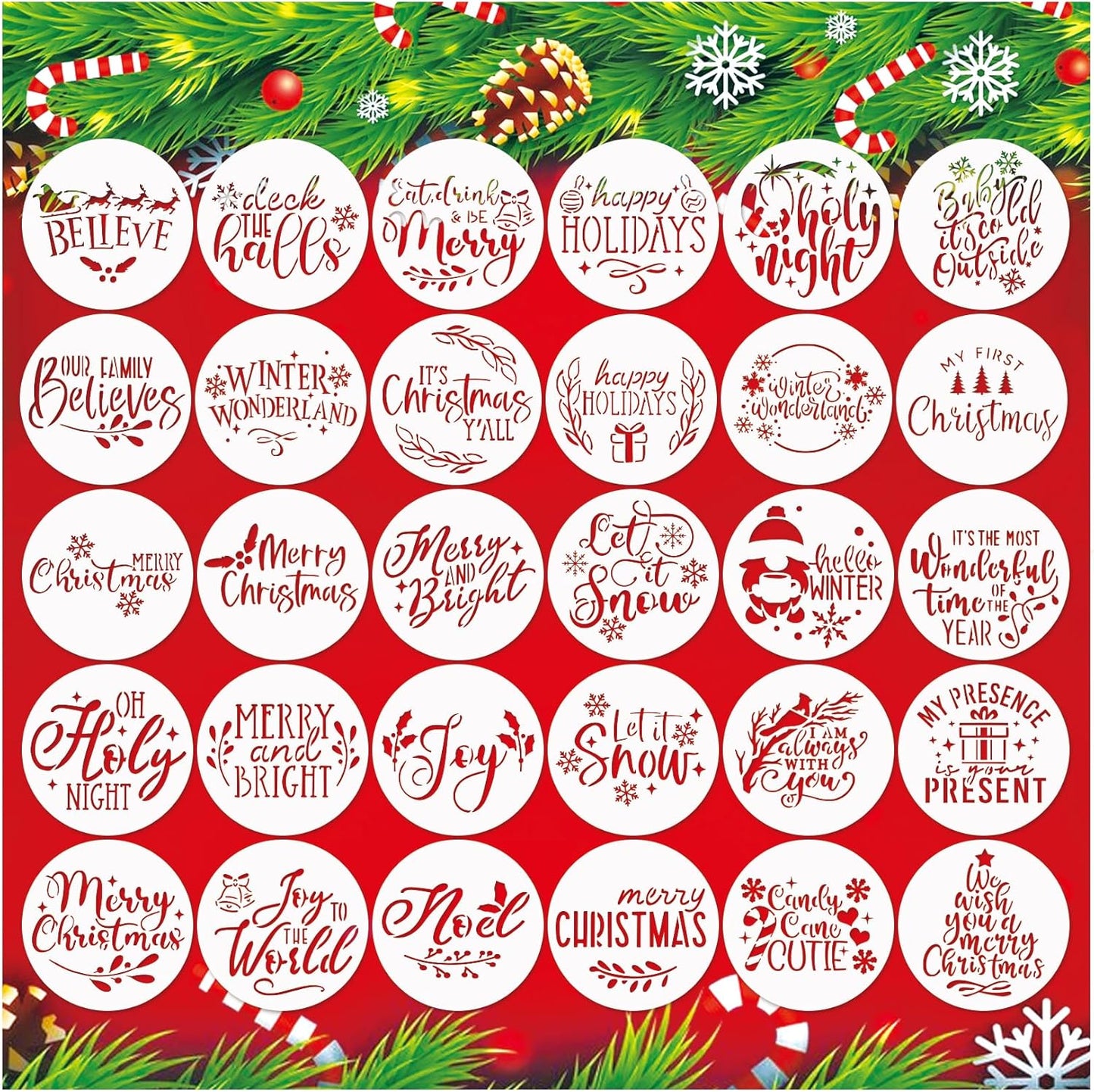 30 Pcs Christmas Stencils for Painting on Wood 4 Inch Reusable Small Christmas Ornament Stencil for DIY Crafts Ornament Wood Card Paper Fabric (30 Words)