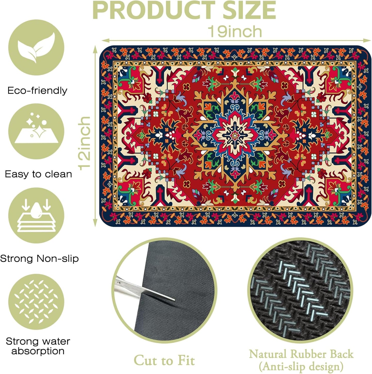 Dish Drying Mat Bohemia Tribal Carpet Texture Kitchen Mat 12"x19" Bsorbent Coffee Maker Mat for Dishes,Utensils Coffee Maker Pots and Pans Easy Clean Dish Slip Resistant Pad