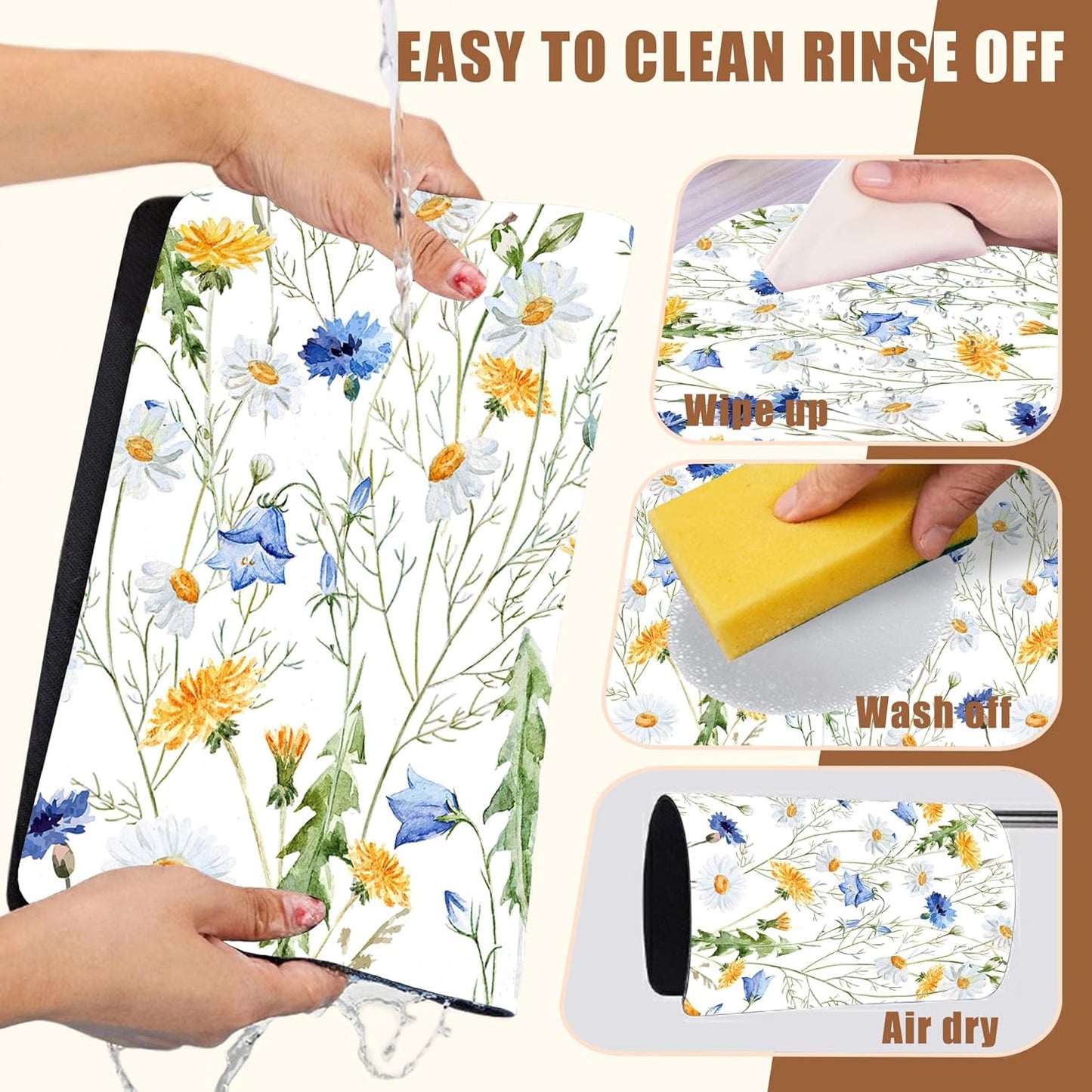 Watercolor Wildflower Dish Drying Mat for Kitchen Counter Hide Stain Absorbent Drying Rack Pad Rubber Backed Coffee Mat Espresso Machine Coffee Bar Accessories 11.8 x 19.7 Inch