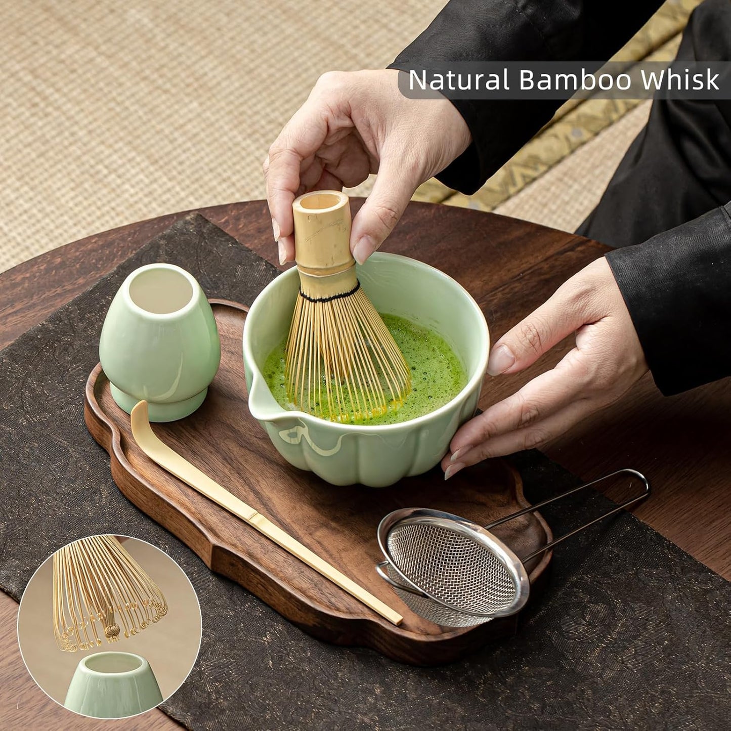 Matcha Whisk Set, Matcha Bowl with Spout, Matcha Whisk, Chasen Holder, Sifter, Bamboo Scoop - 5 Pcs Perfect Matcha Making Kit for Matcha Lover and Tea Ceremony (Emerald Green)