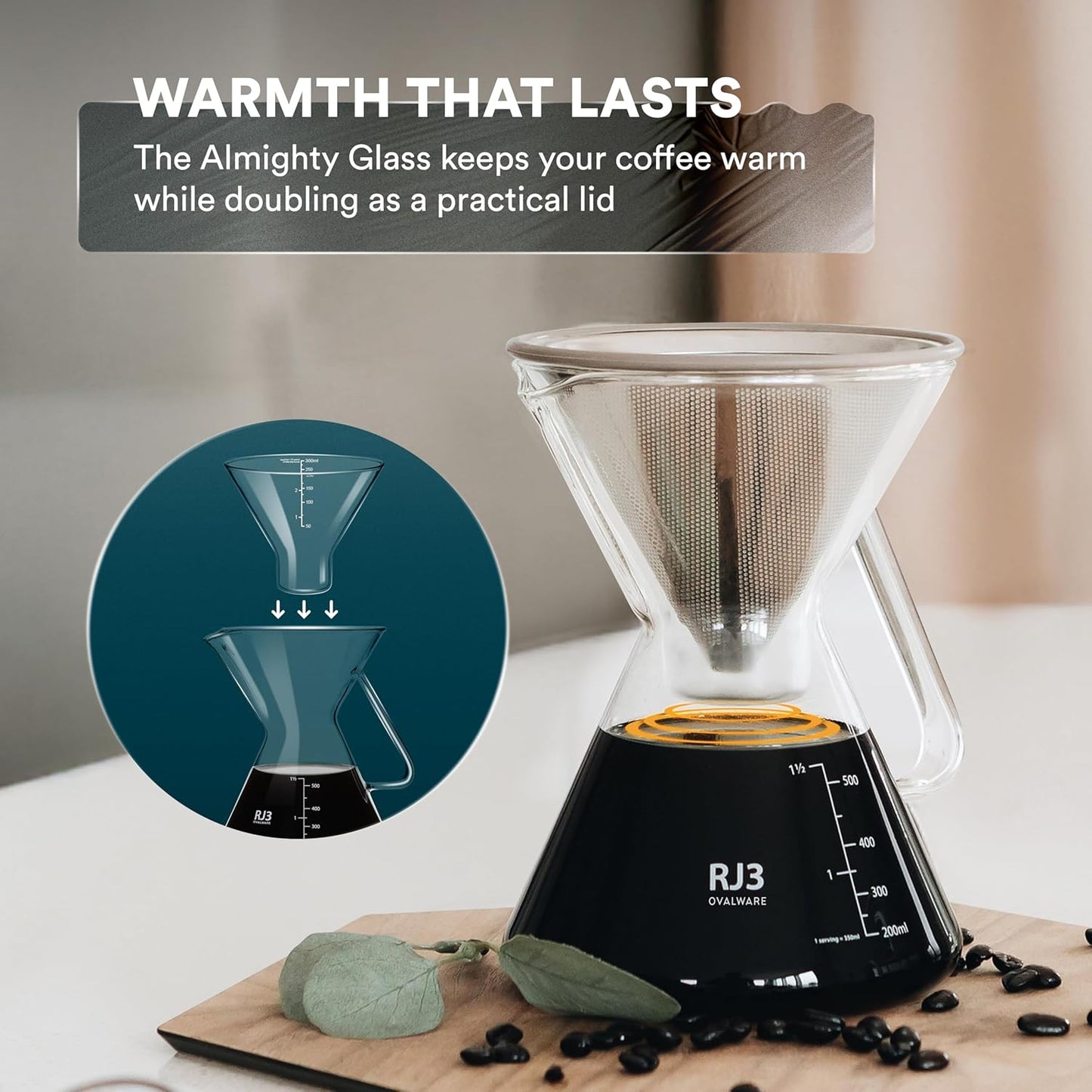 ovalware Pour Over Coffee Maker Set | 17oz / 0.5L Borosilicate Carafe with 304 Stainless Steel Filter and Precision Measuring Cup | Glass Coffee Dripper for Home Brewing