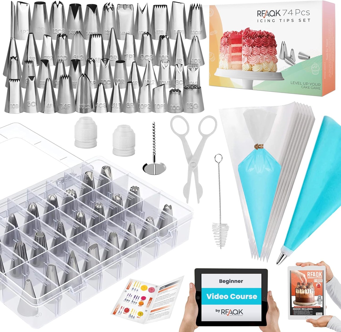 RFAQK 74 PCs Icing Piping Bags and Tips Set, Cake Decorating Kit with 48-Numbered Piping Tips, 20+1 Pastry Bags for Cookie Cupcake Cake Decoration, Cake Decorating Tips Set with Booklet and E-book
