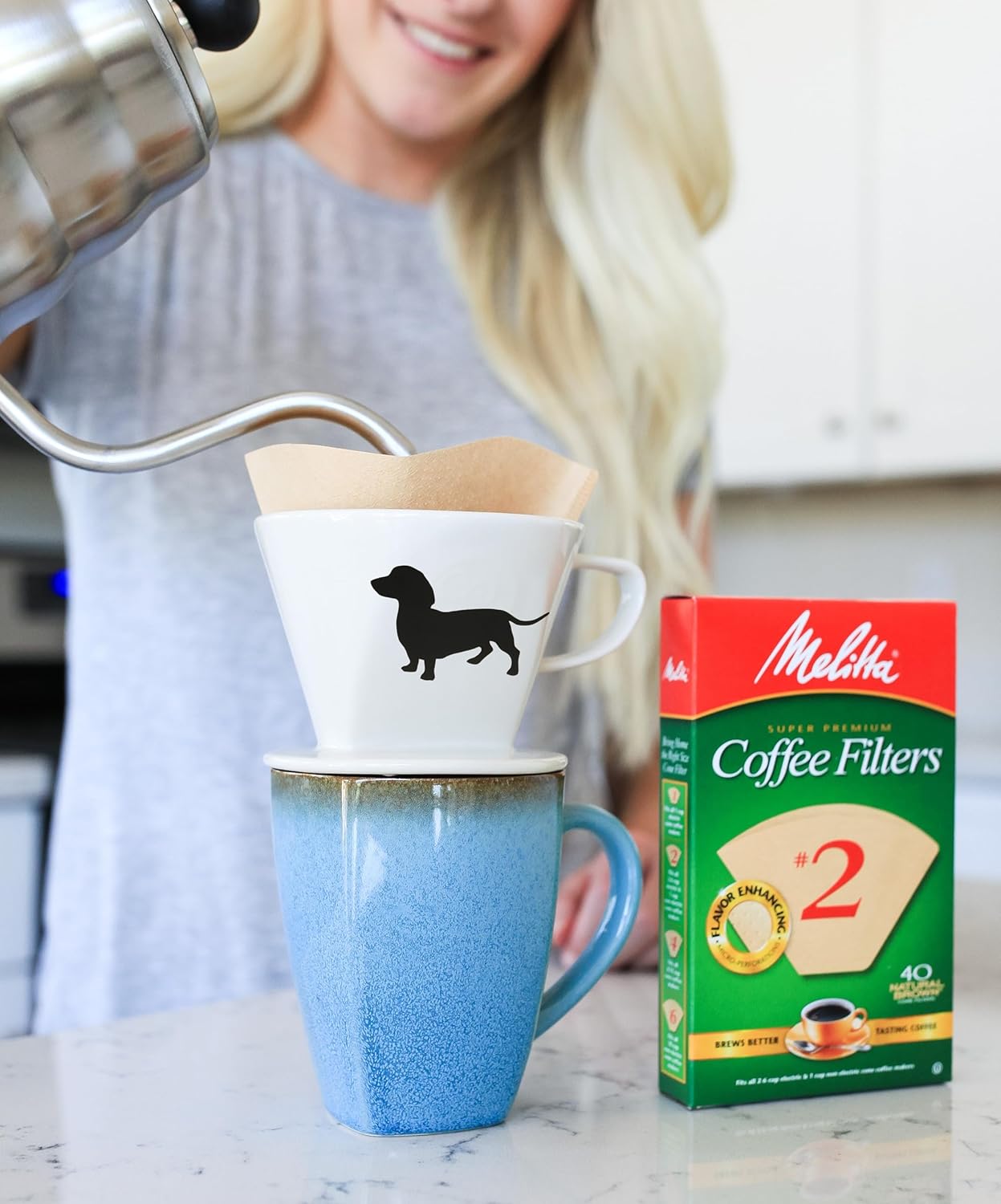 Simply Charmed Dachshund Ceramic Coffee Pour Over or Dripper with Full Box of 40 Melitta Brown Size #2 Filters