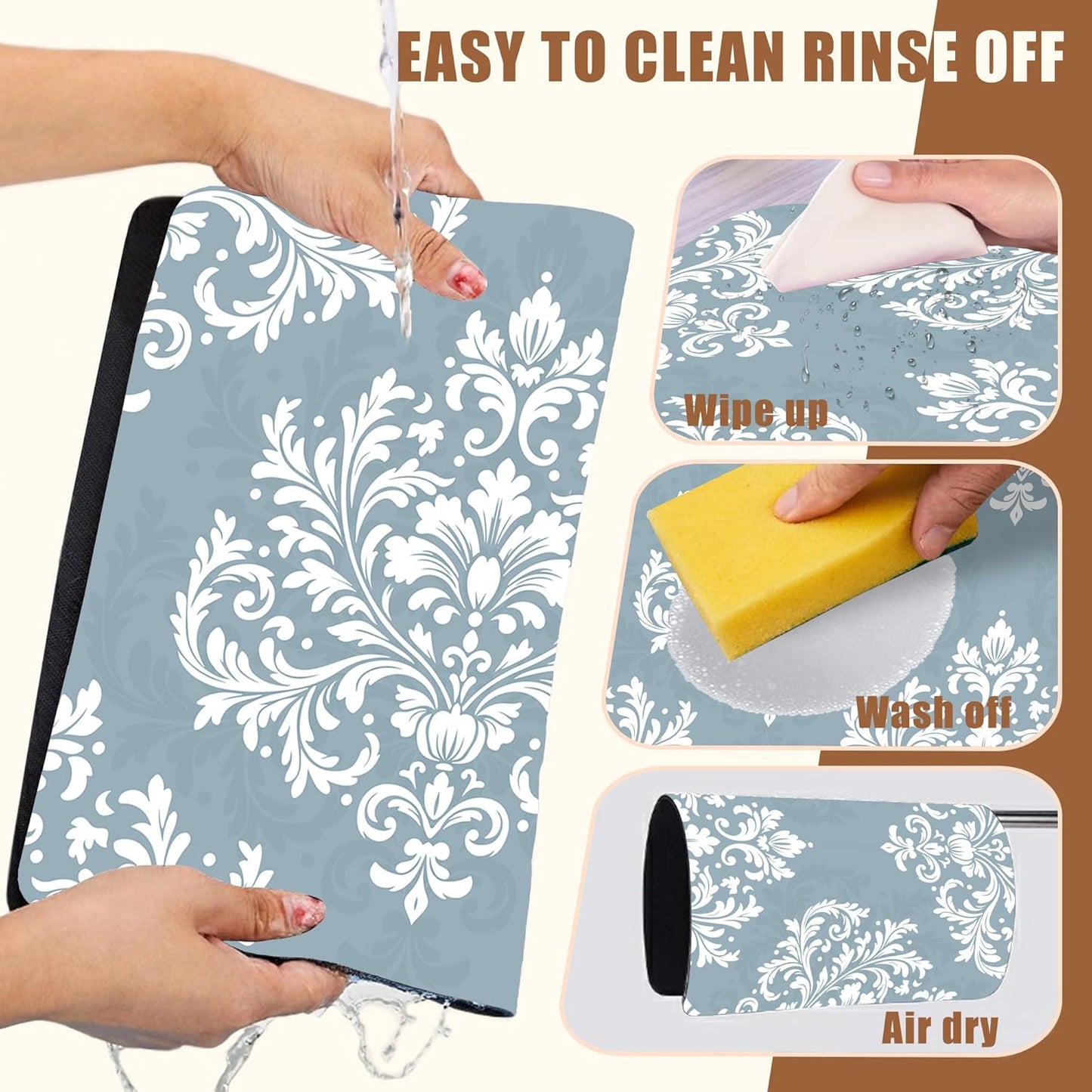 Dish Drying Mat Blue Damask Floral Coffee Bar Mat for Countertop - Absorbent, Rubber Backed, Hide Stain Dish Drainer Rack - Coffee Maker Pot Dining Room Decoration 15.7 x 23.6 Inch