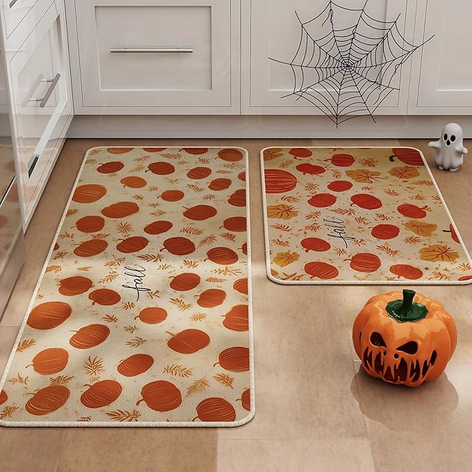Halloween Kitchen Mat Set of 2, Pumpkin Kitchen Halloween Decor, Fall Decorations for Home, Halloween Rug for Floor,Indoor Home Decor with Non-Slip Backing,17 x 29 Inch & 17 x 47 Inch