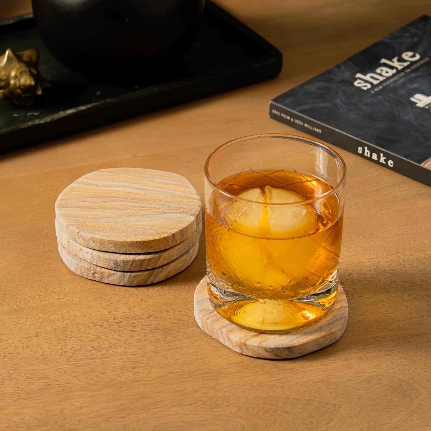 Cork & Mill Absorbent Coasters Set of 6 - Water Absorbing Sandstone Coasters for Drinks - Perfect for Coffee Table, Office Desk, Outdoor, Bedroom Nightstand - 4" Round - Unique Irregular Edge Design