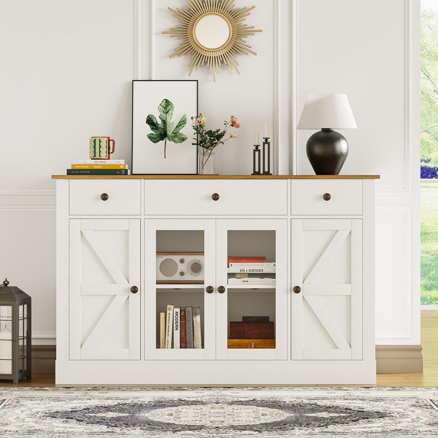 4 EVER WINNER 55" Buffet Cabinet with Storage, Farmhouse Coffee Bar Cabinet with Glass Doors and Drawers, Sideboard Cabinets with Adjustable Shelves for Living Room, Kitchen, White