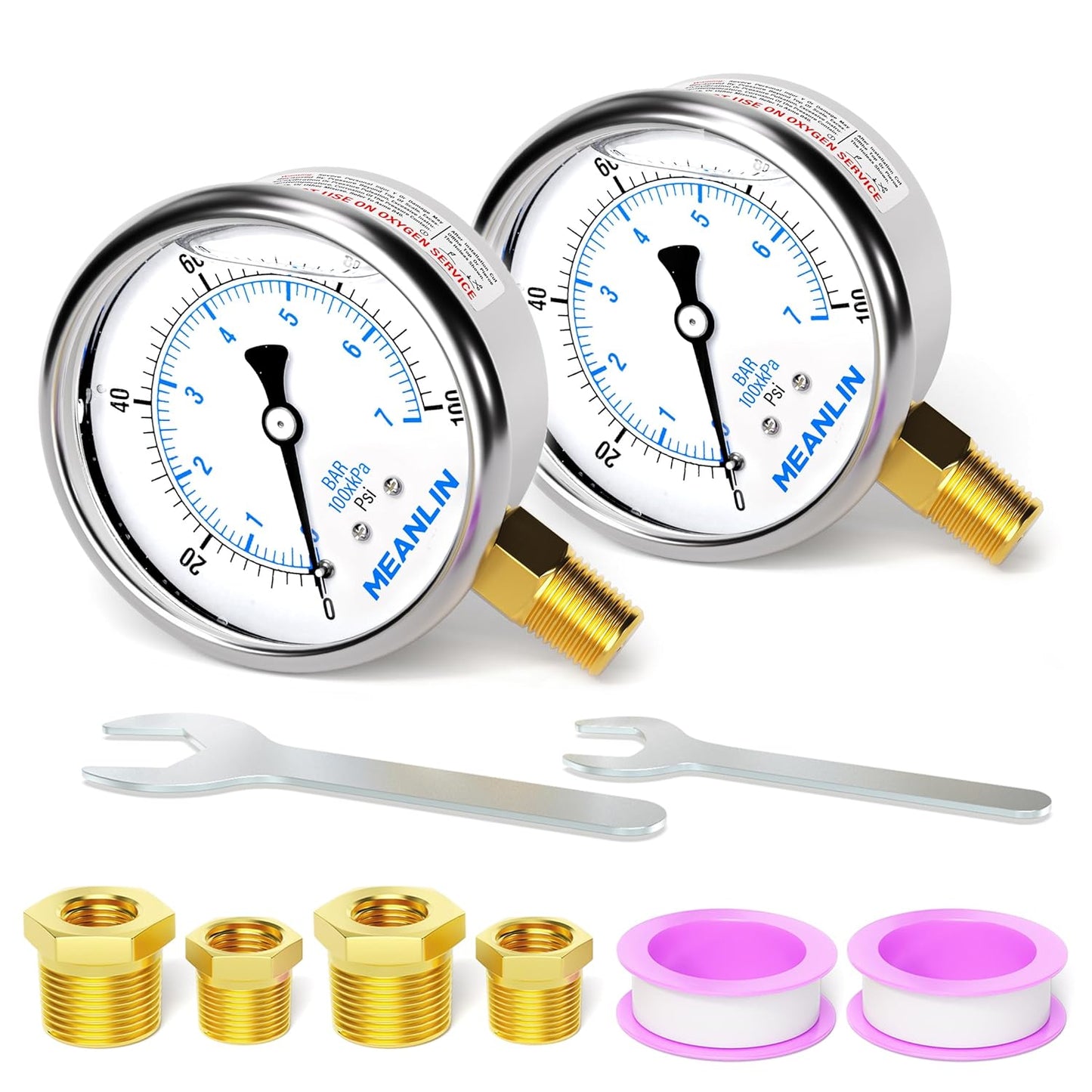 MEANLIN MEASURE 0~100Psi Stainless Steel 1/4" NPT 2.5" FACE DIAL,Liquid Filled Pressure Gauge,WOG Water Oil Air Lower Mount (Pack of 2), with 1/2" NPT and 3/8" NPT Hex Bushing
