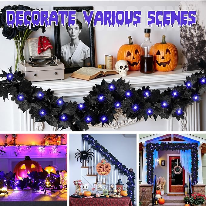 Joyhalo 2 Pack Halloween Garland with Lights, Black Maple Leaves Lighted Garland for Mantle, 5.7FT Light Up Leaf Autumn Vines Outdoor for Door Frame, Fireplace and Thanksgiving Fall Decor
