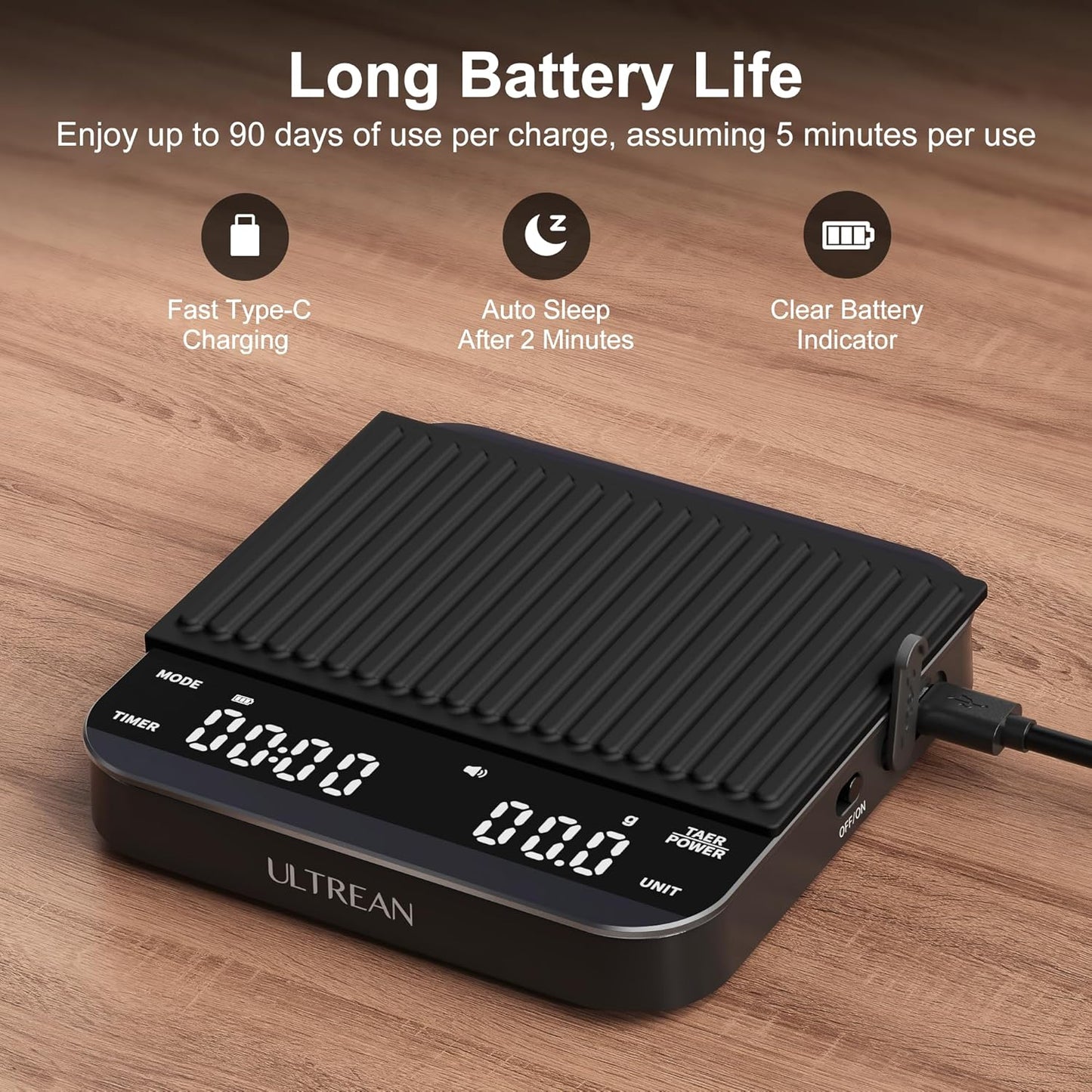 Ultrean Mini Coffee Scale with Timer, Rechargeable Espresso Scale, 2kg/0.1g Accurate Scale for Espresso and Pour-Over Coffee, Portable Digital Kitchen Scale with 3 Brewing Modes