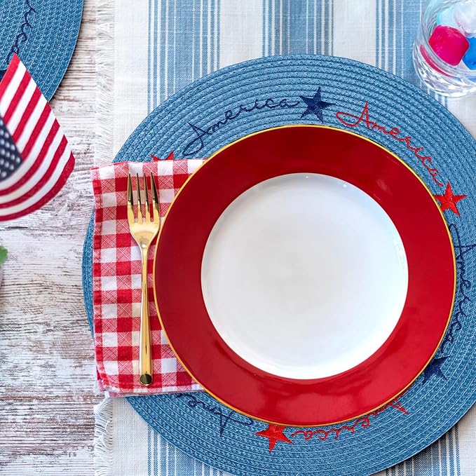 Whaline 4Pcs Round Independence Day Placemats Patriotic Stars Embroidered Place Mats 4th of July Dinner Table Mats for Home Holiday Birthday Party Decor