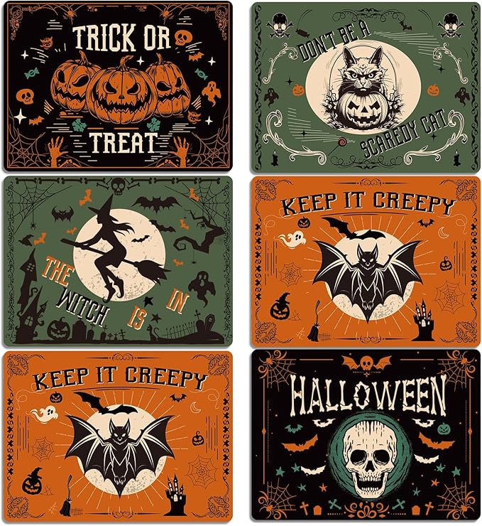 Halloween Placemats Set of 6 Gothic Bat Plastic Table Mats Pumpkin Witch Skull Ghost Halloween Place Mats Washable Vinyl Rustic Table Decoration for Indoor Outdoor Party Kitchen Dining