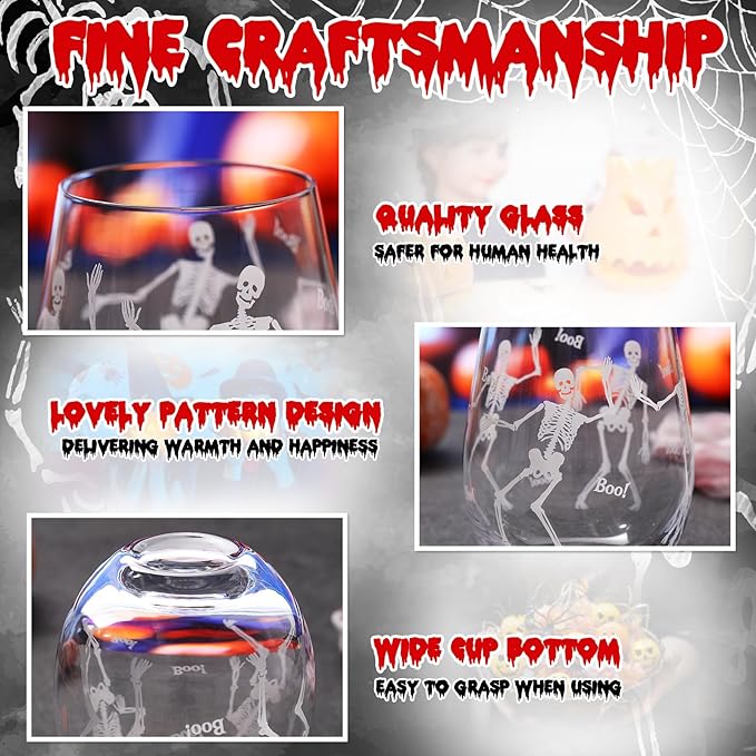 Sliner 2 Pack 17 oz Halloween Skeleton Wine Glasses Gift for Women Skull Shot Glasses Whiskey Drinking Cup for Halloween Party Supplies Birthday Theme Events Spooky Gifts(Skeleton)