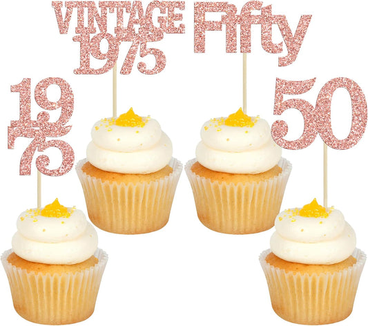 Gyufise 24Pcs 50th Birthday Cupcake Toppers Cheers to 50 Fabulous Fifty Vintage 1975 Cupcake Picks 50th Birthday Wedding Anniversary Party Cake Decorations Supplies Rose Gold