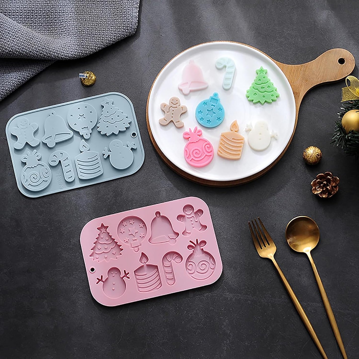 Christmas Silicone Chocolate Molds, 2 Pcs Snowman Bell Candle Gingerbread Man Walking Stick Christmas Tree and Gift Set 3D Shaped Molds, for Jelly Soap Fondant Candy Pastry Gummies Cake Decorating
