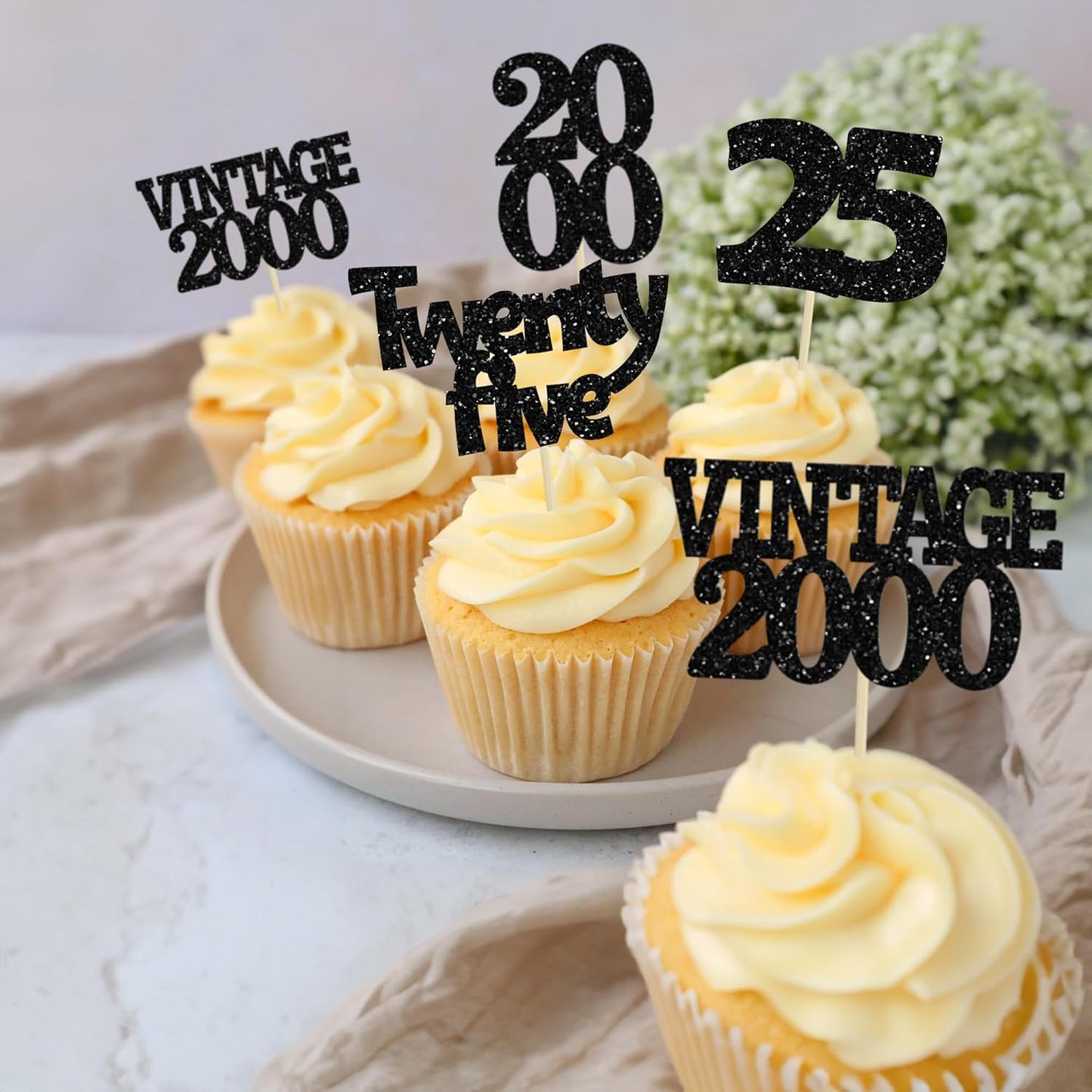 Gyufise 24Pcs 25th Birthday Cupcake Toppers Glitter Twenty-five Vintage 2000 Cheers to 25 Cupcake Picks Hello 25 Years Birthday Cake Decoration for Happy 25th Birthday Anniversary Party Supplies Black