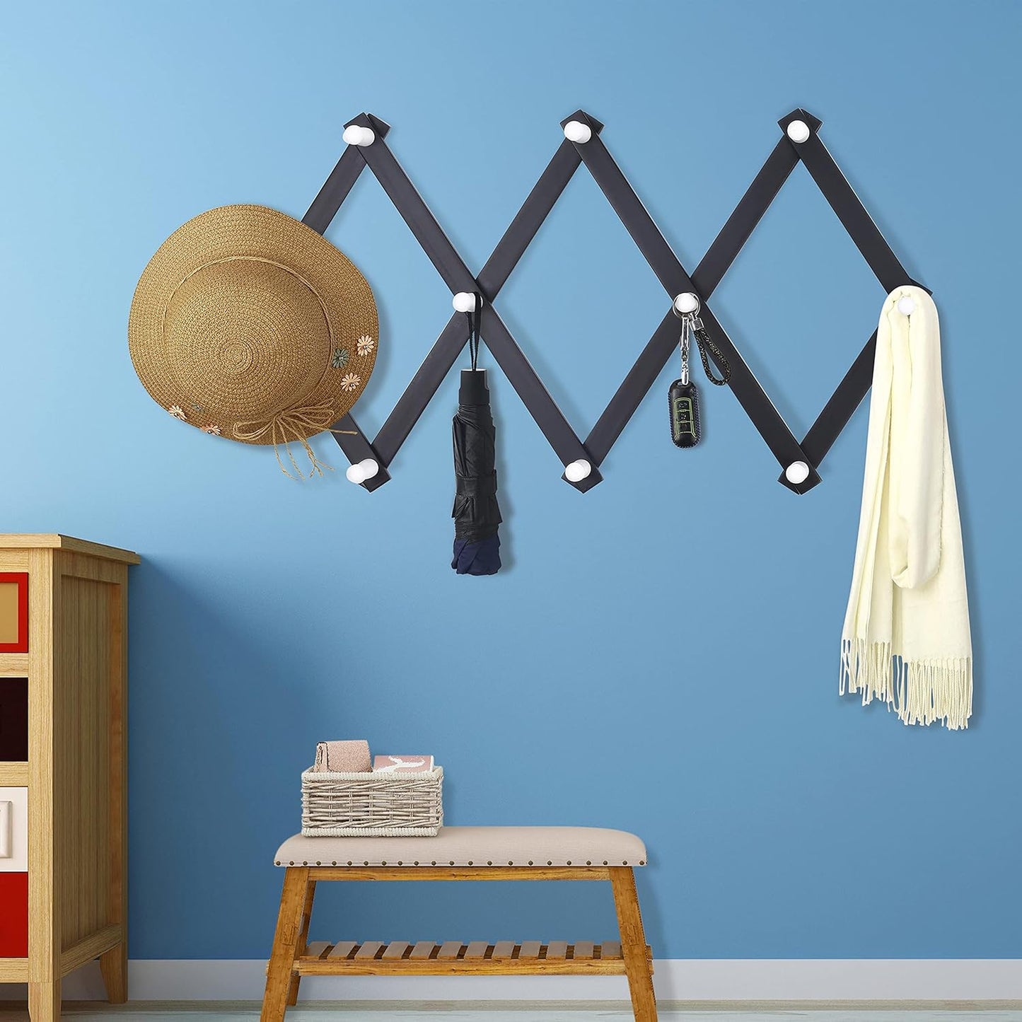 Dseap Accordian Wall Hanger: 16” High Wooden Wall Expandable Coat Rack, Hat Rack Holder, Accordion Hook for Baseball Caps, Coats, Mugs, 10 Peg Hooks, Black & White