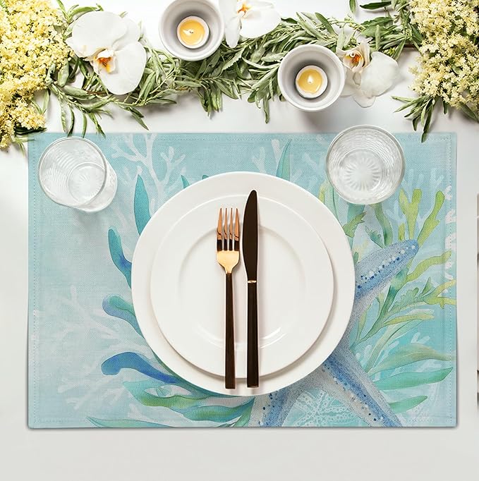 Nautical Coastal Placemats Set of 4 Ocean Coral Starfish Seagrass Beach Theme Table Mat 12x18 Inch Teal Turquoise Blue Summer Linen Fabric Place Mats for Party Kitchen Dining Outdoor Indoor Decor