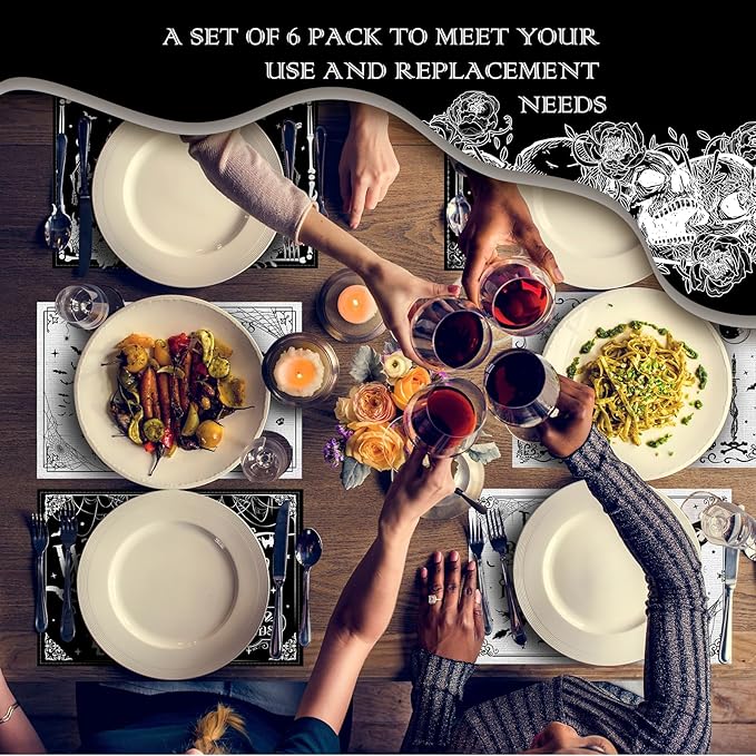 Umigy 6 Pcs Halloween Placemats 12"x18" Gothic Bat Placemats Kitchen Decoration Washable Witch Place Mats Rectangle Skull Table Mats for Halloween Dining Table Accessories(Black White Character Style)