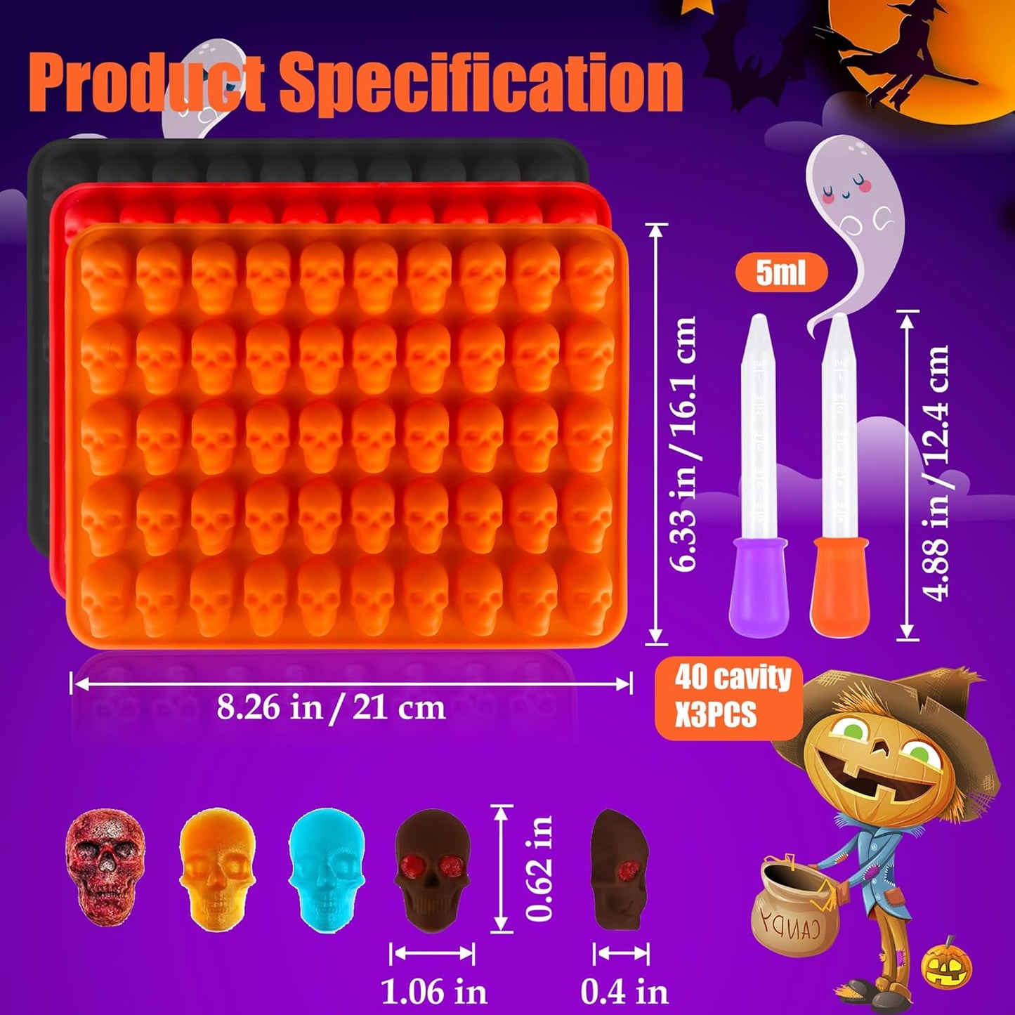 3 Pack Halloween Gummy Skull Candy Molds Silicone,Halloween Mini Skull Mold with 2 Droppers for Chocolate, Candy,Ice Cube - Orange，Red，Black