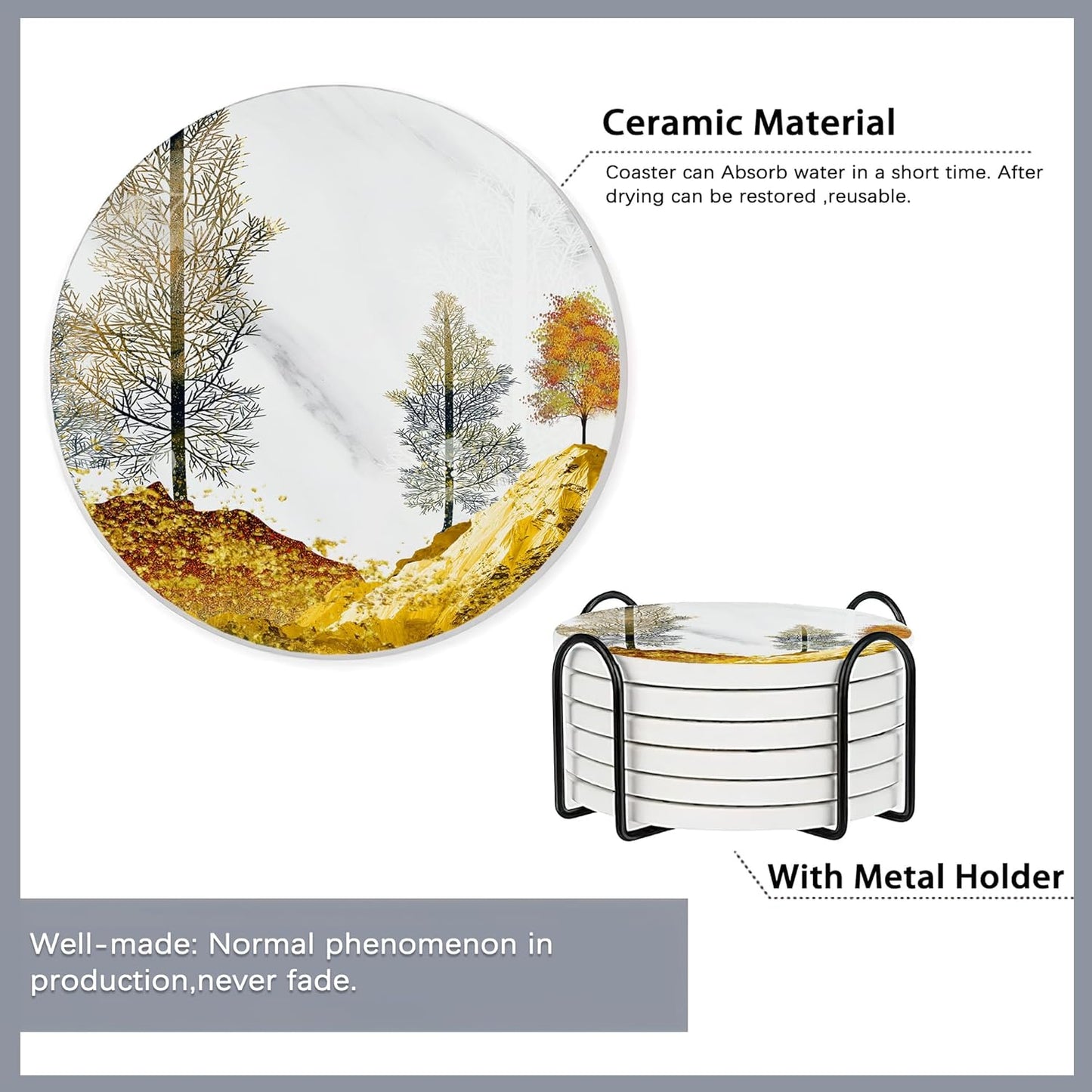 Drink Coasters Set of 6 with Holder,Golden Deer Forest Mountain Absorbent Ceramic Coasters with Cork Base,Fit All Cups,Tabletop Protection Mat for Mugs and Cups,Office,Kitchen