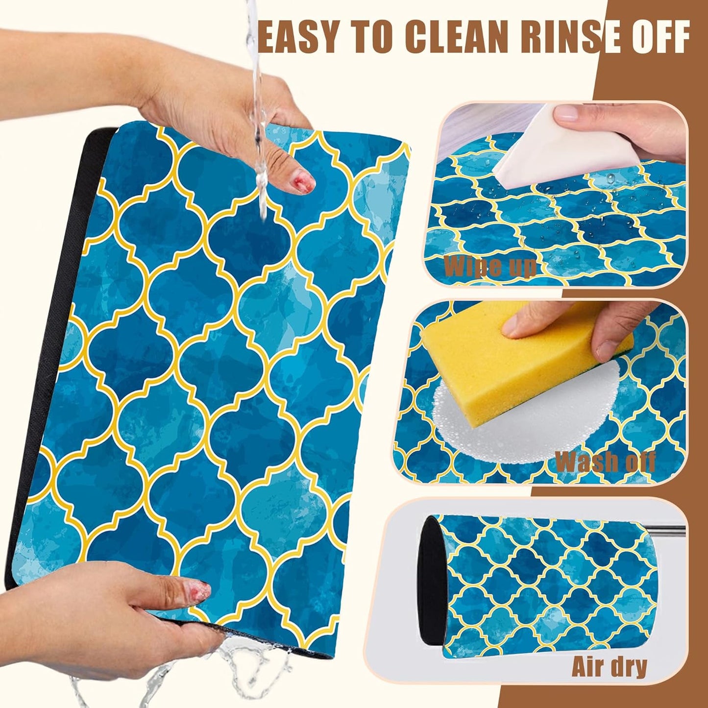 Dish Drying Mat Blue Moroccan Tile Coffee Bar Mat for Countertop Absorbent Hide Stain Rubber Backed Dish Drainer Rack Pad Espresso Machine Table Accessories Dining Room Decor 11.8 x 19.7 Inch