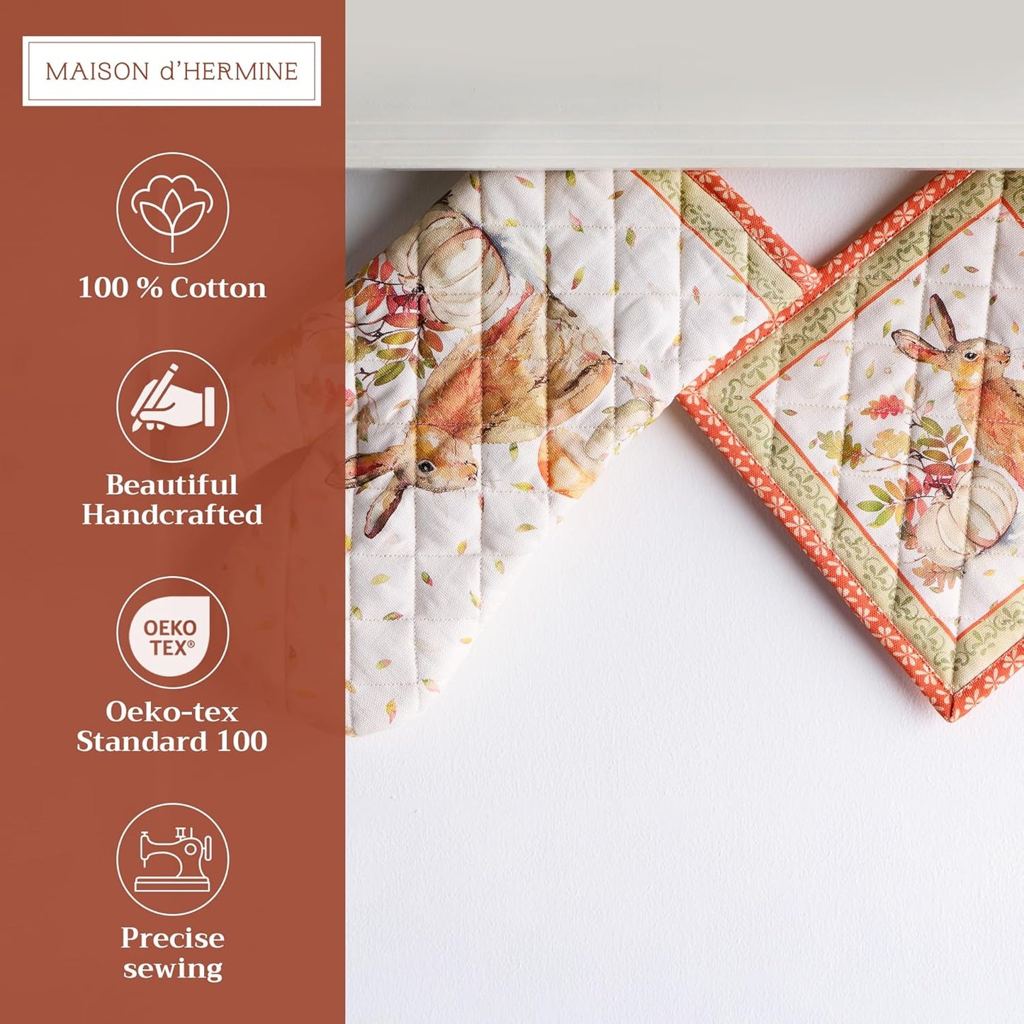 Maison d' Hermine 100% Cotton Oven Mitt & Pot Holder Set (7.5"x13" & 8"x8") Heat Resistant BBQ Cooking Gloves with Loop, Baking, Grilling, Kitchen, Handling Hot Pans (Pumpkin Passion)