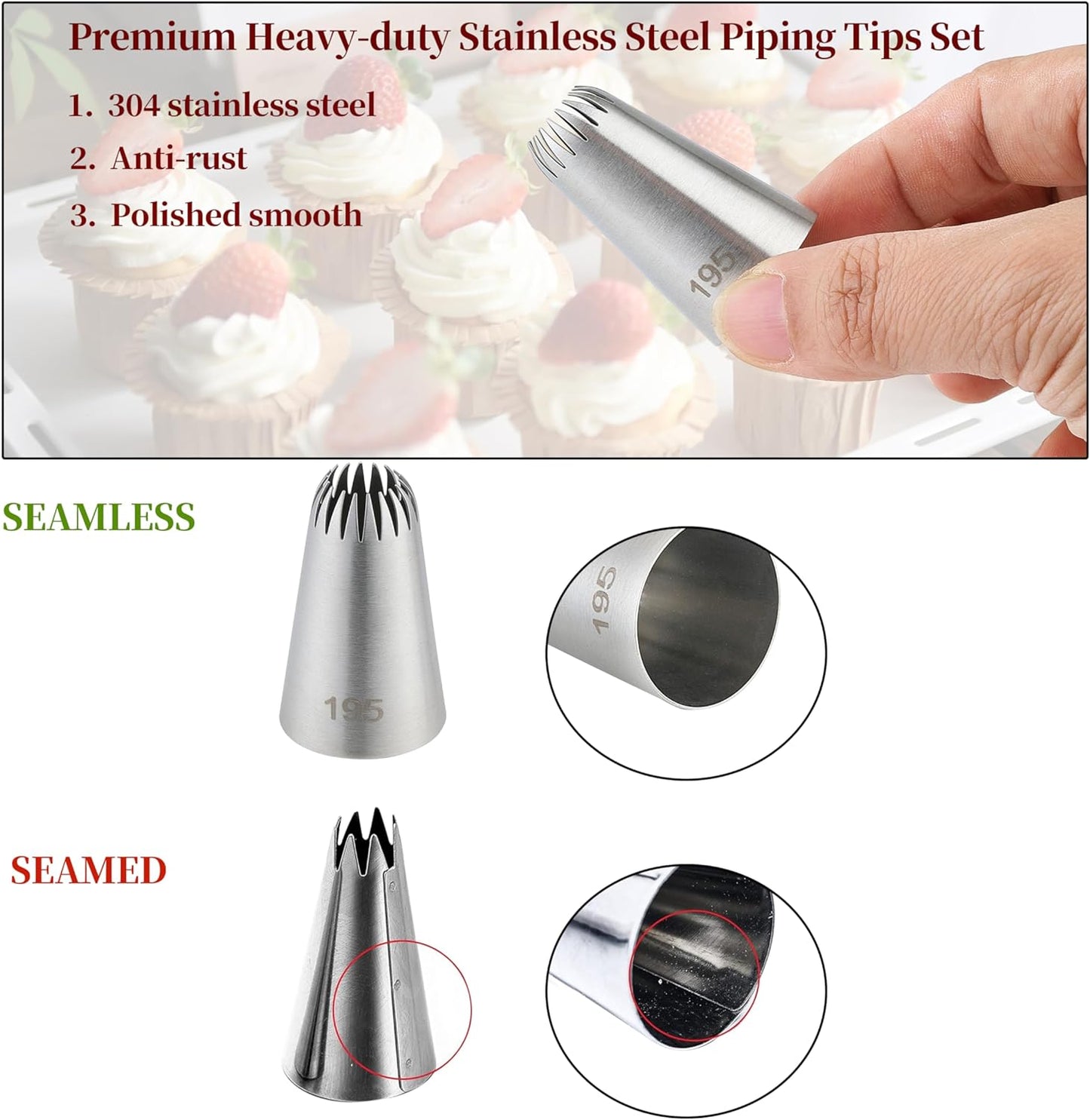 5PCS Large Piping Tips Set, COKUMA Stainless Steel Cake Decorating Tips, Frosting Icing Tips for Cupcakes, Cake, Cookie and Decorating (Dishwasher Safe)