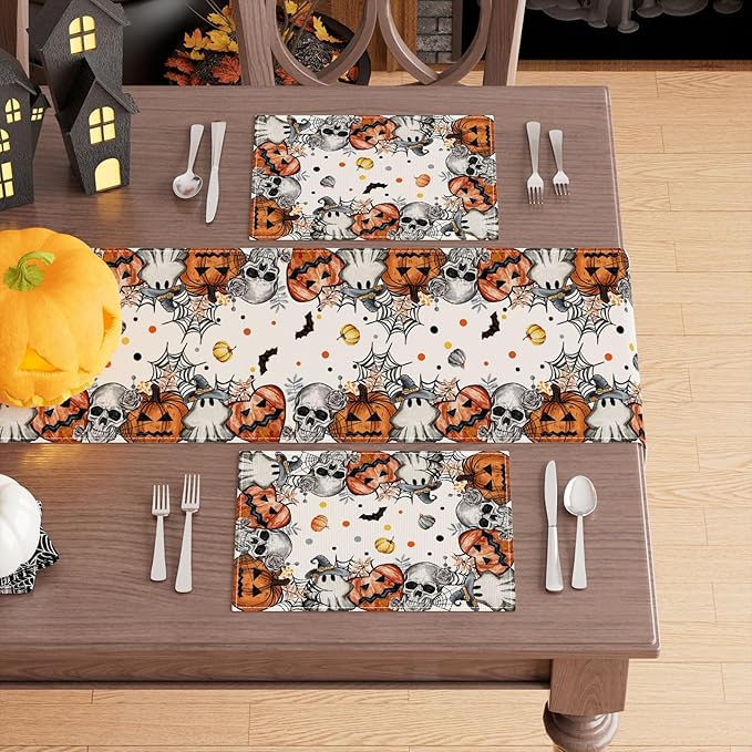 XCHI Spooky Skeleton Ghost Pumpkin Halloween Placemats Set of 6 Table Mats for Party Home Kitchen Dining Table Decorations 12x18 Inch