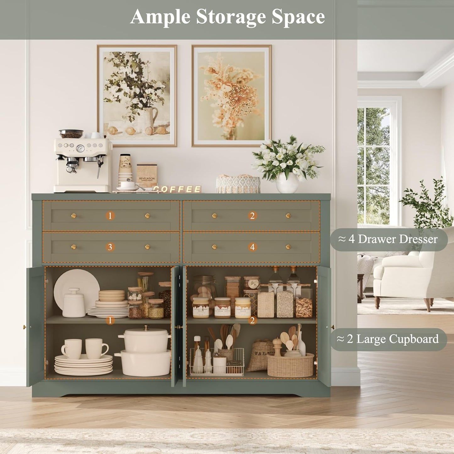 HOSTACK 55" Coffee Bar with 4 Large Drawers, 40" Tall Buffet Cabinet with Storage, Kitchen Storage Cabinet, Modern Farmhouse Sideboard Buffet, Adjustable Shelves for Living Room, Green