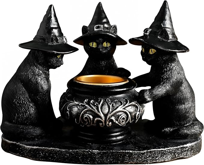 Halloween Black Cat Candle Holder, Cute Halloween Table Decor & Mantel Decoration (Black)