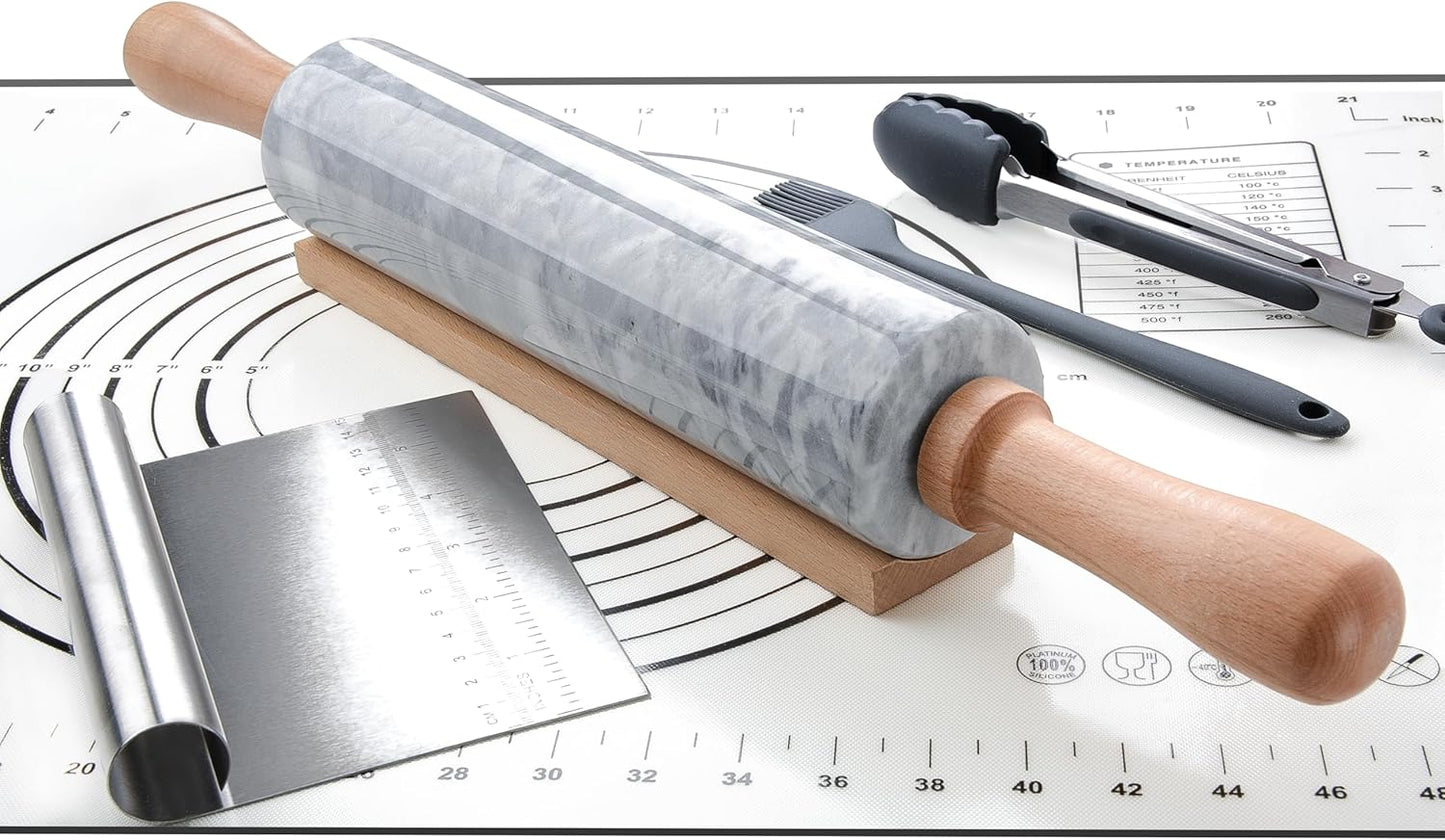 Marble Rolling Pin Set with Silicone Pastry Mat,Pastry Brush,Cooking Tongs,Stainless Steel Scraper18.5 inch Polished Non-Stick Roller for Pizza Dough,Fondant,Pie Crust(Gray White)