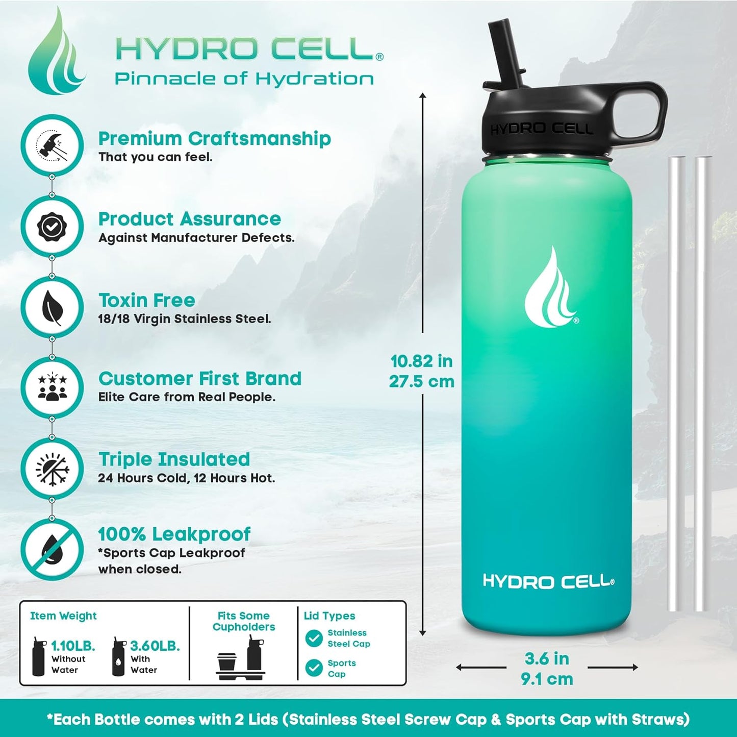 HYDRO CELL Stainless Steel Insulated Water Bottle with Straw - For Cold & Hot Drinks - Metal Vacuum Flask with Screw Cap and Modern Leakproof Sport Thermos for Adults (Mint/Green 40oz)