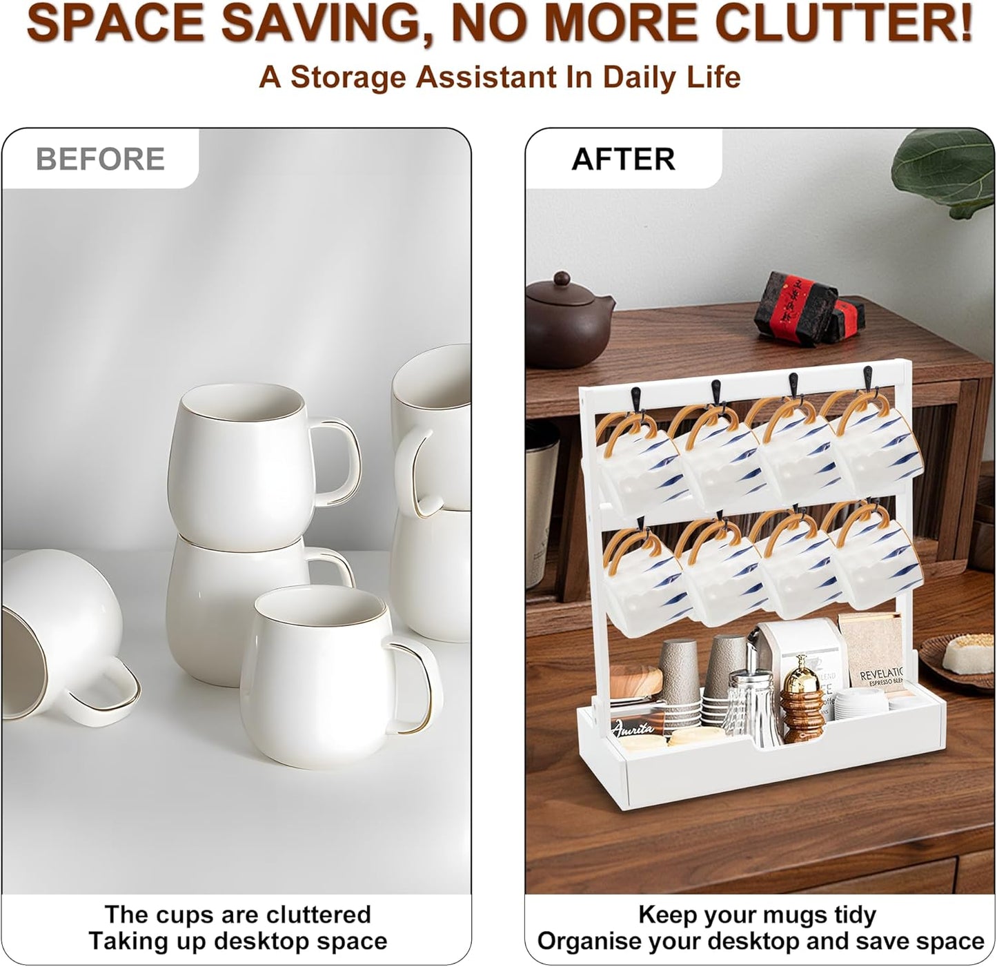 MinBoo Coffee Mug Cup Stand Bamboo Counter Top with 16 Hooks 2 Tier Coffee Mugs Tree with Coffee Pod Drawer Countertop Mug Rack Shelf Organizer Stand for Home Coffee Bar Kitchen Storage Display White