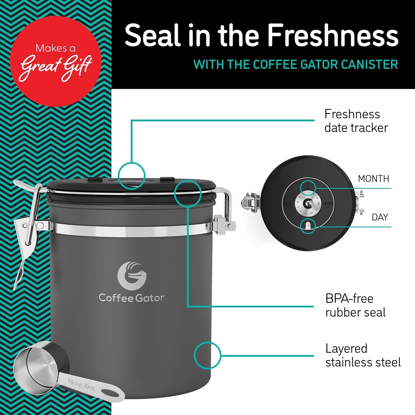 Coffee Gator Stainless Steel Canister - Medium 16oz, Gray Coffee Grounds and Beans Container with Date-Tracker, CO2-Release Valve, and Measuring Scoop - Ideal Coffee Lovers Gifts