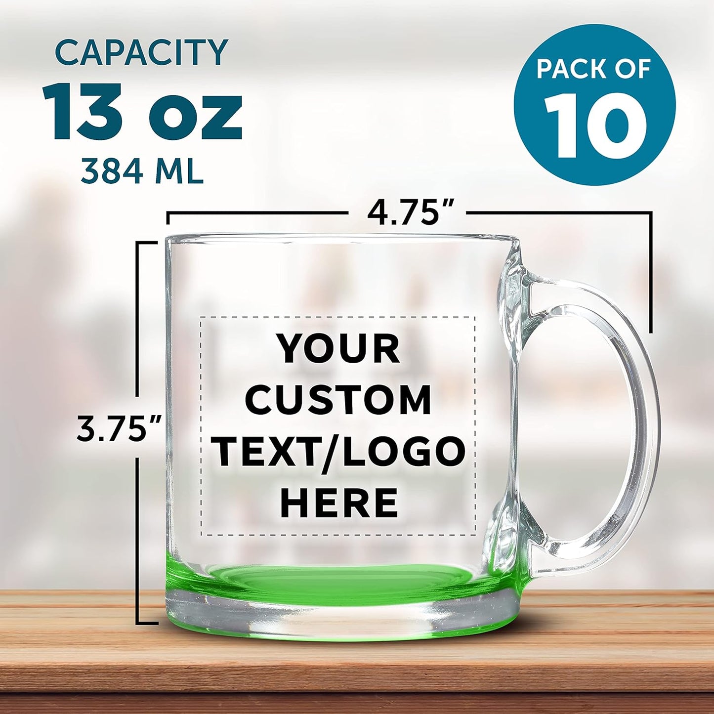 Custom Libbey Clear Glass Coffee Mugs 13 oz. Set of 10, Personalized Bulk Pack - Perfect for Coffee, Tea, Espresso, Hot Cocoa, Other Beverages - Green Bottom