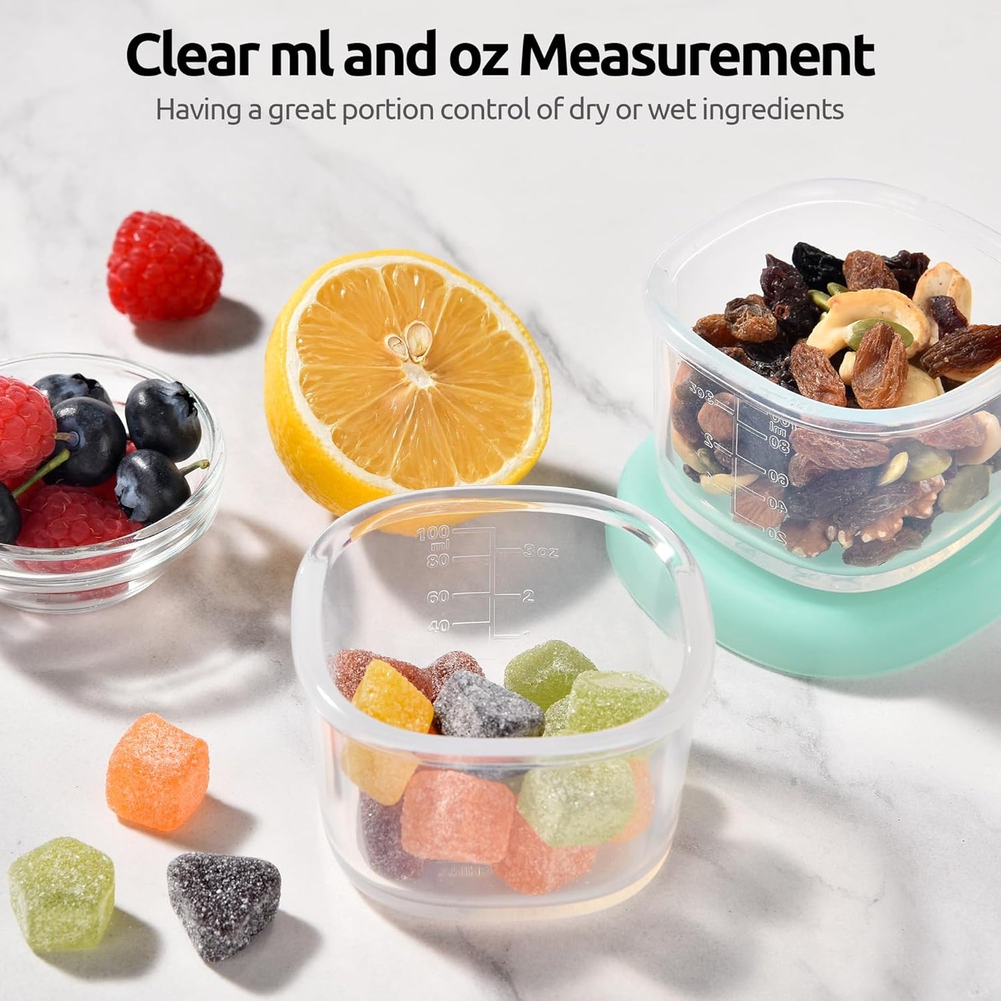 U-Taste 3oz Mini Sauce Containers: Food Grade Liquid Silicone Condiment Storage with Airtight Lid, Freezer Safe with Clear 100ml Measurements, Reusable for Dipping Ketchup, Salad Dressing (Aqua Sky)