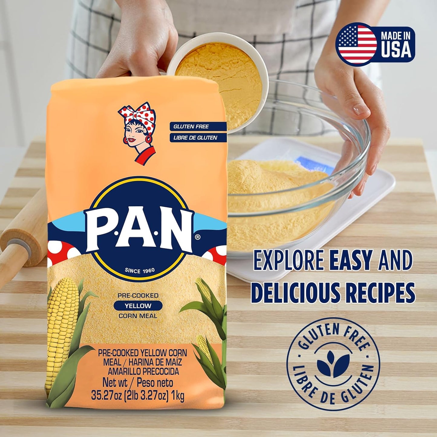 P.A.N. Yellow Corn Meal – Pre-cooked Gluten Free and Kosher Flour for Arepas (2.2 lb/Pack of 4)