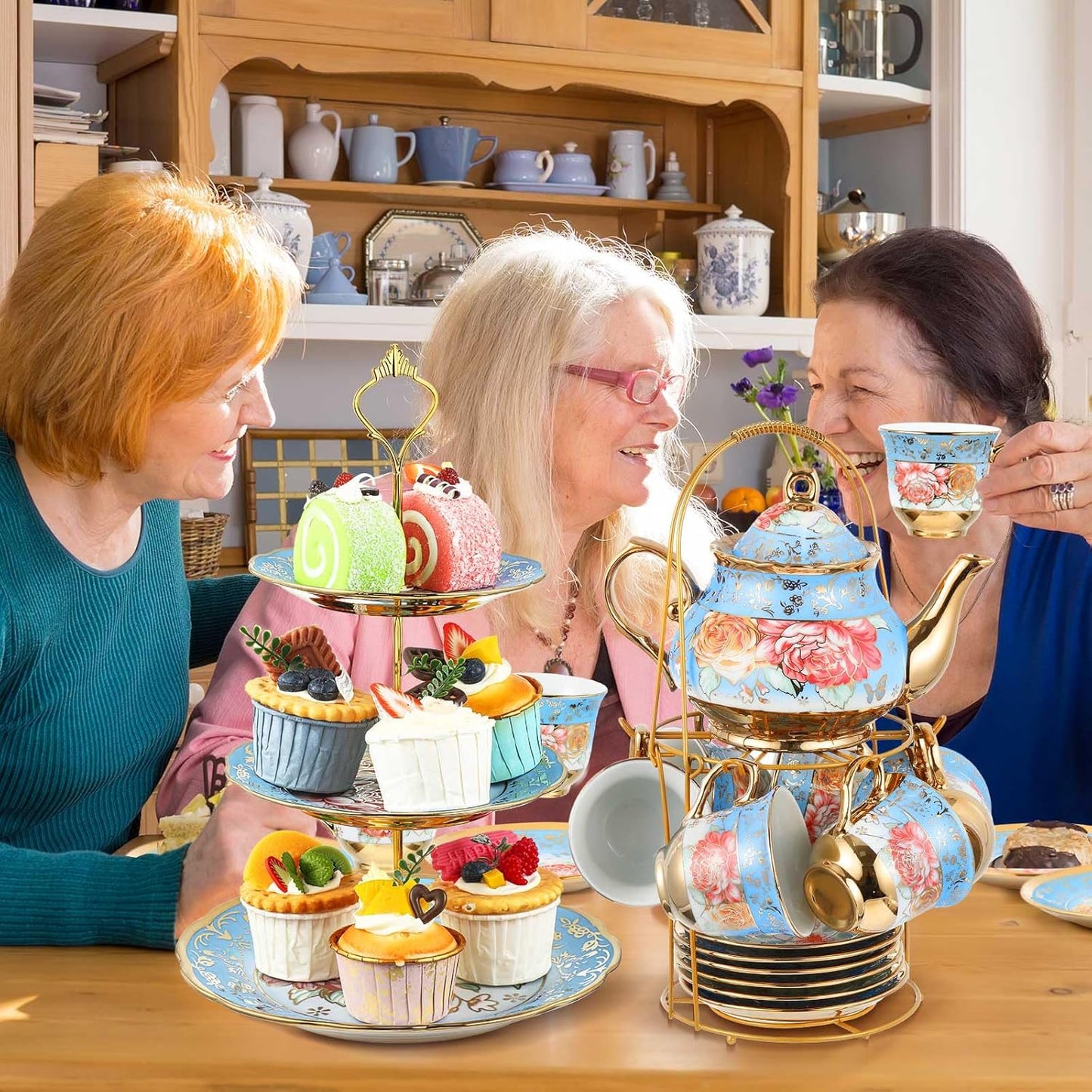 Maxcheck 21 Pcs Tea Party Set for Adults European Floral Tea Set with Metal Holder and 3 Tier Ceramic Cake Stand Porcelain Flower Cup Teapot for Dessert Cupcake(Advanced Style)