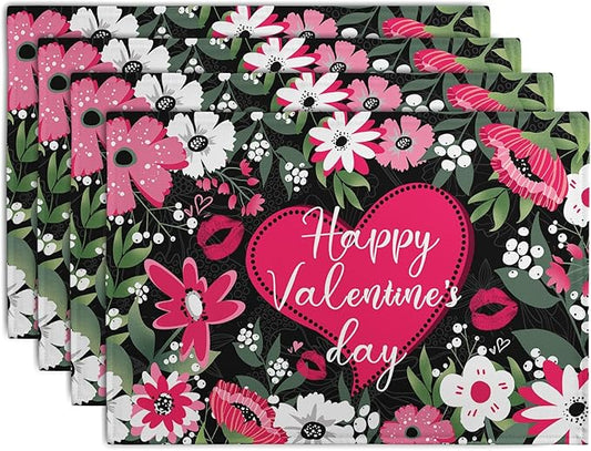 Happy Valentine's Day Placemats Set of 4 Valentine Flowers Love Heart Place Mats Pink Red White Floral Linen Table Mats Seasonal Black Placemat for Anniversary Wedding Party Kitchen Dining Decor